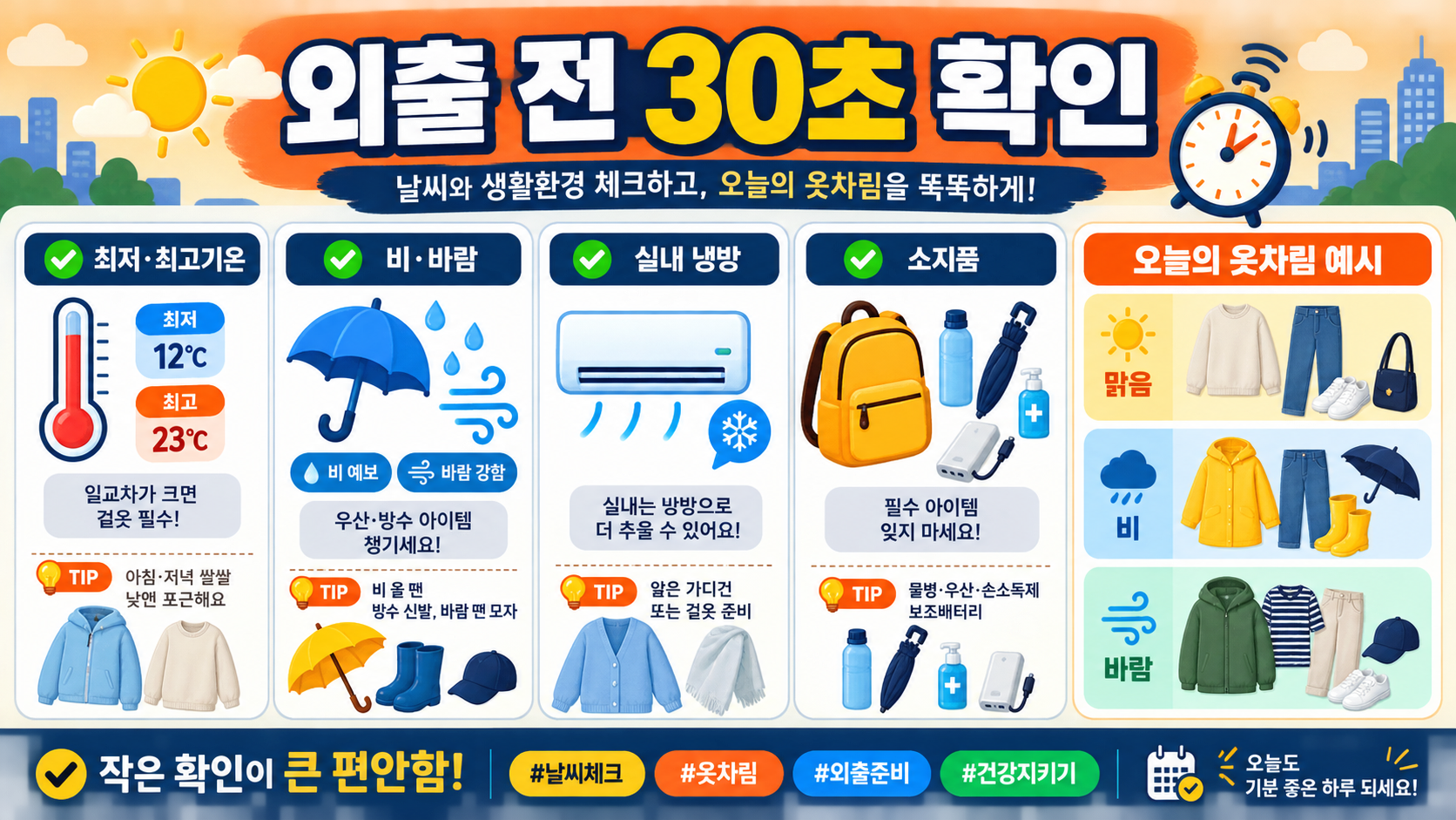 외출 전 기온과 비, 바람, 실내 냉방을 확인하는 옷차림 체크리스트