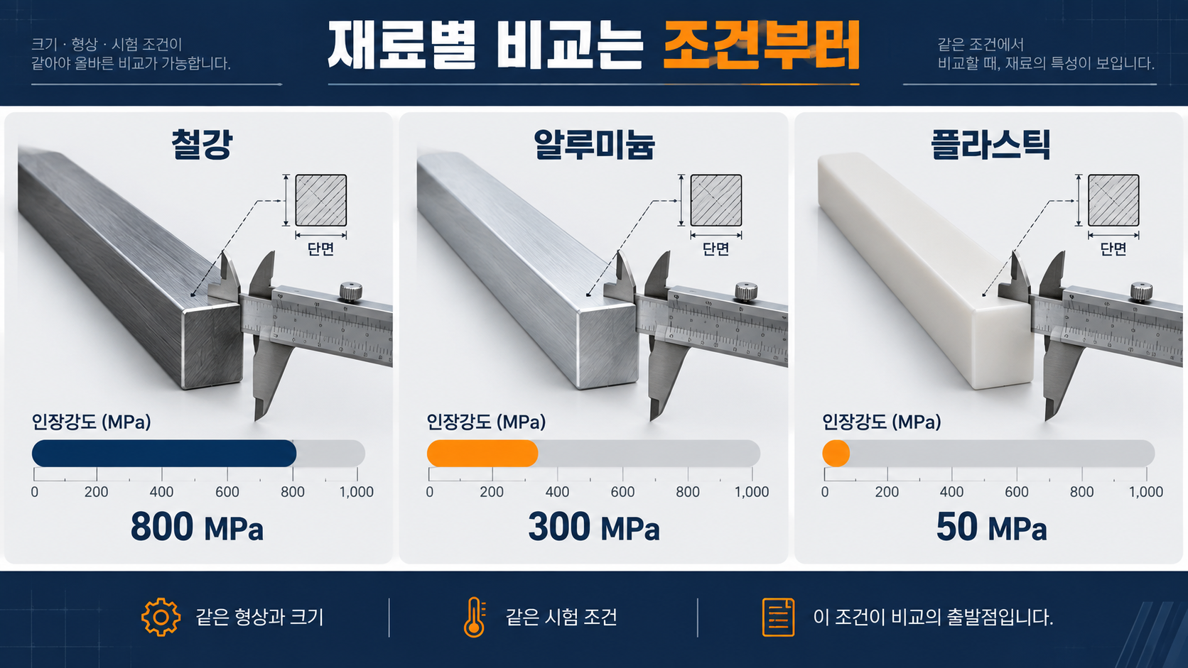 철강 알루미늄 플라스틱의 인장강도 비교 조건을 설명하는 정보 카드