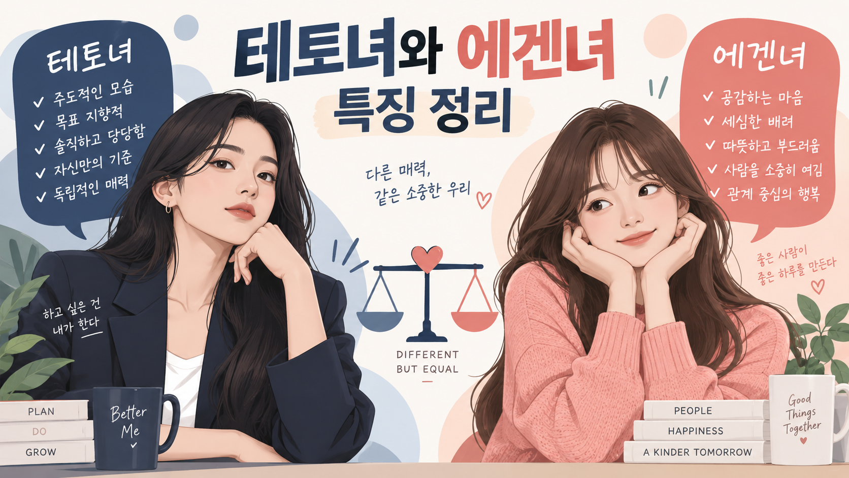 테토녀와 에겐녀 특징을 비교하는 정보카드