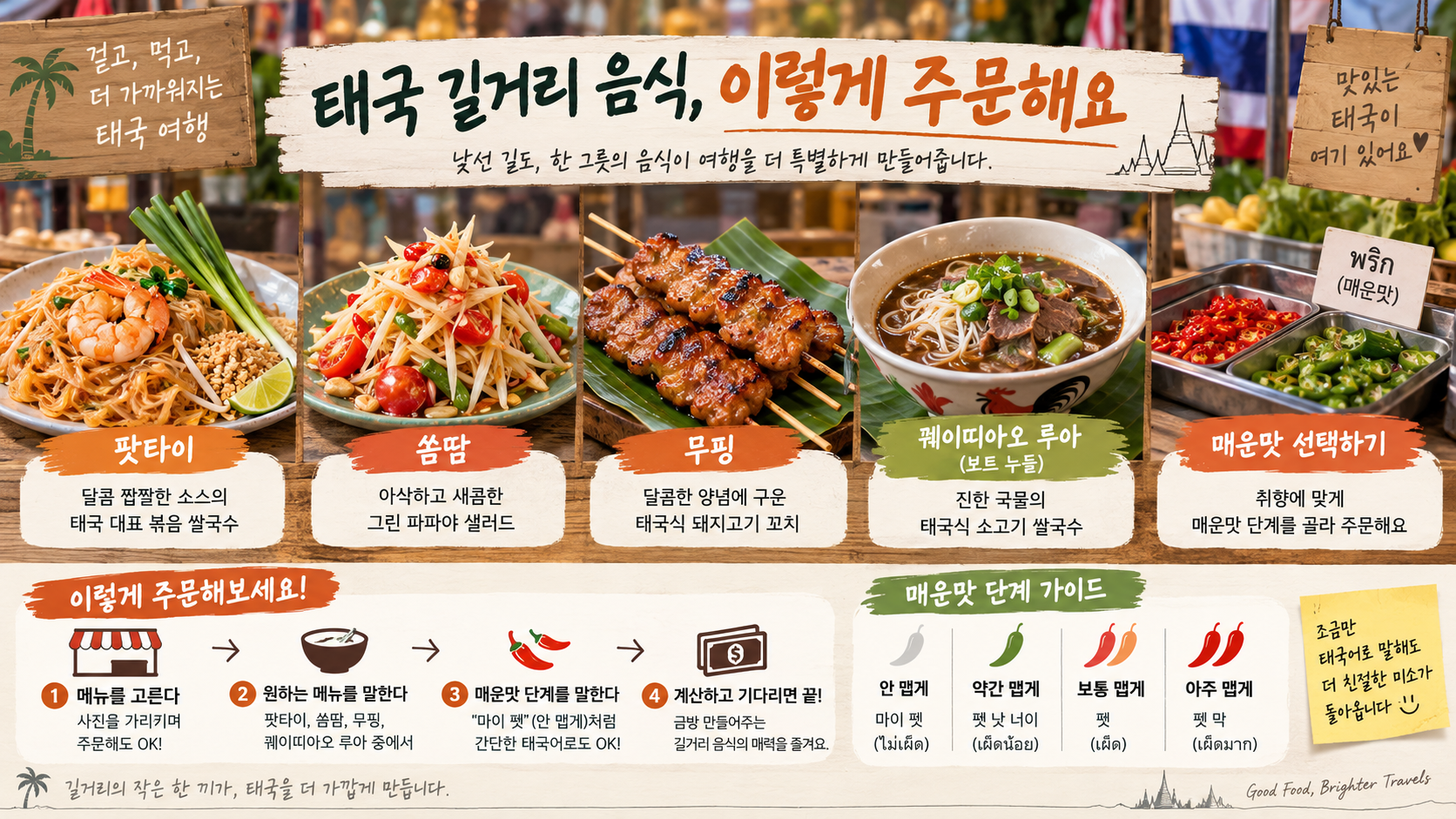 태국 길거리 음식 주문과 매운맛 선택 정보카드