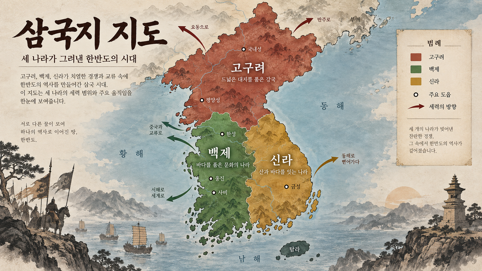 고구려 백제 신라의 영역을 색으로 구분한 삼국지 지도