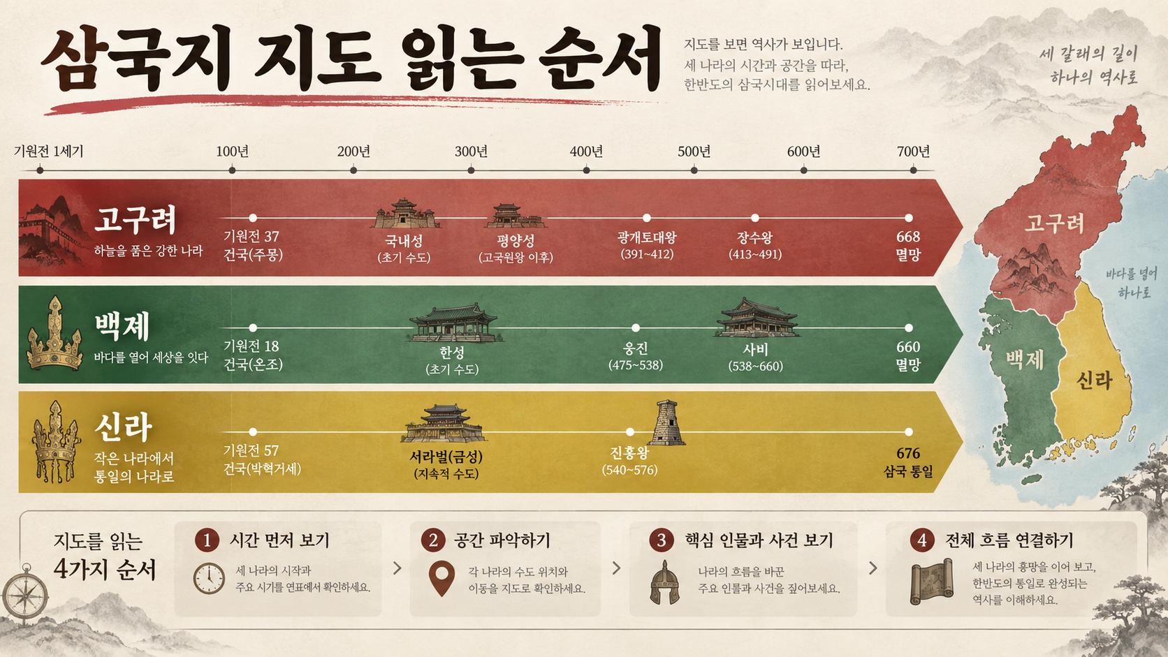 고구려 백제 신라의 연표와 수도를 보여 주는 정보카드