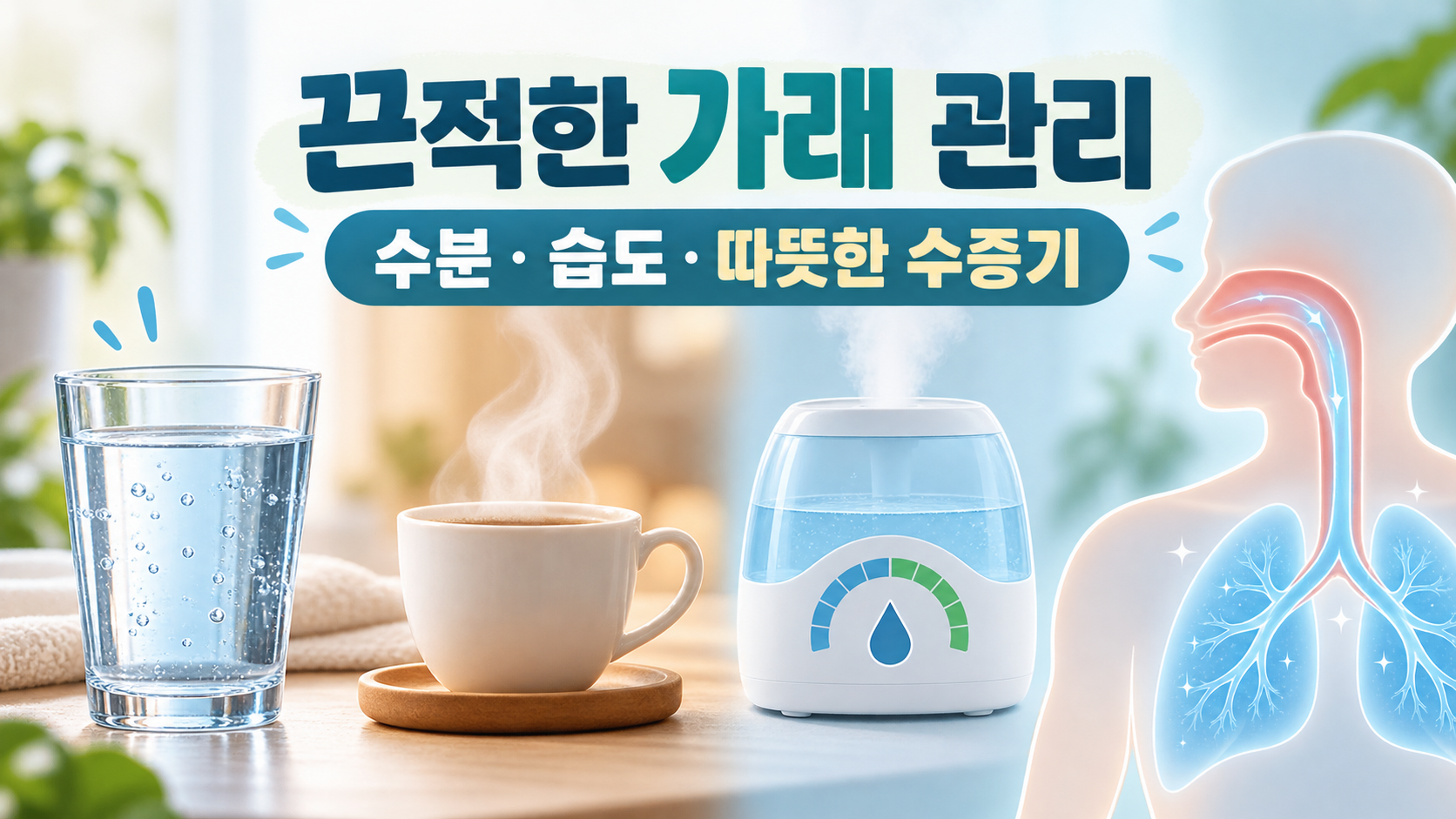 물과 습도, 따뜻한 수증기를 활용한 끈적한 가래 관리 정보카드