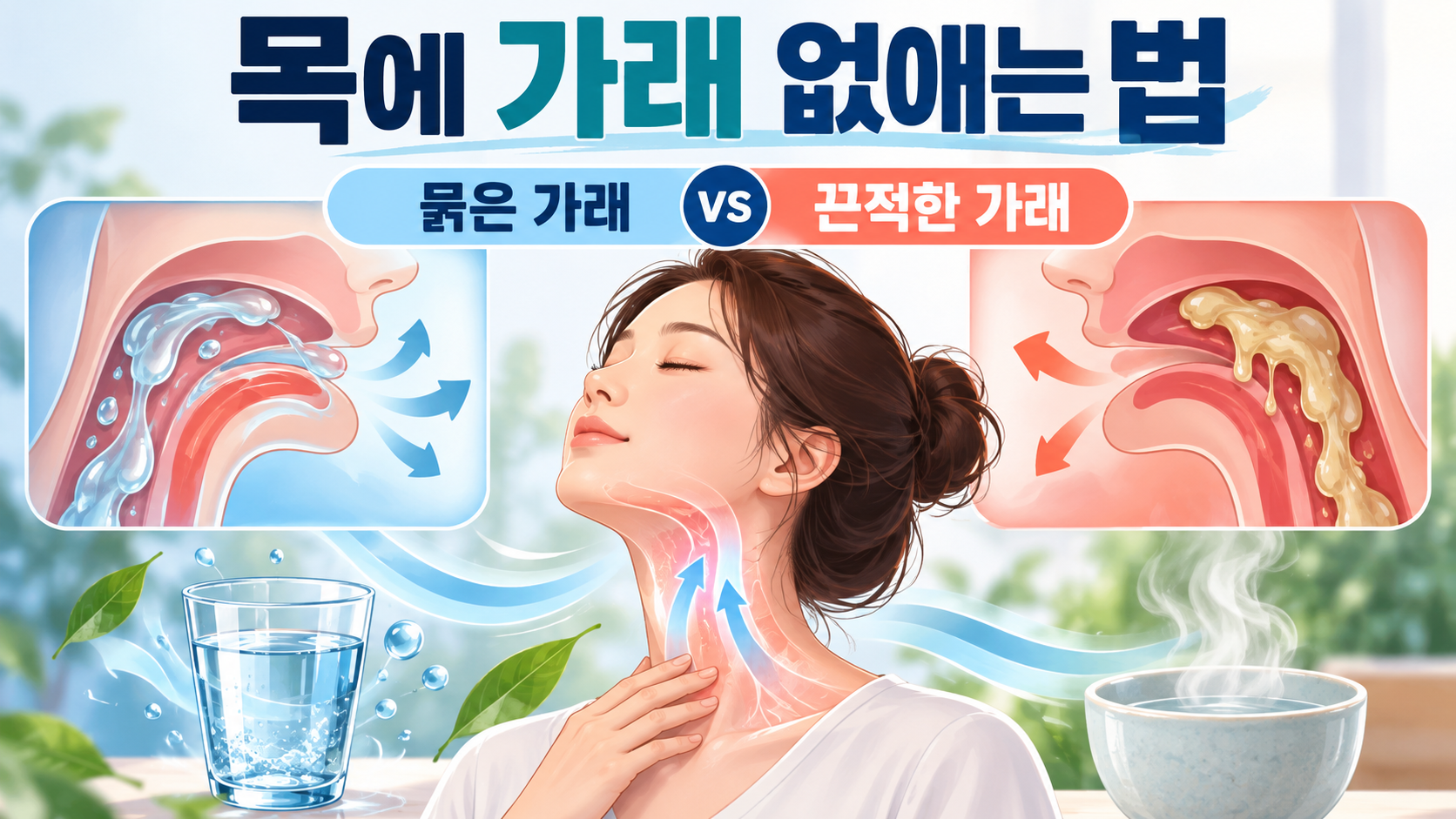 묽은 가래와 끈적한 가래의 차이를 보여 주는 목 건강 정보카드