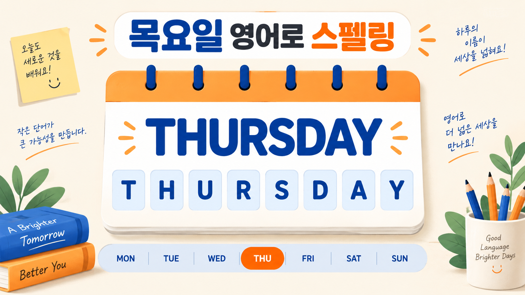 목요일 Thursday 철자와 요일 약자를 보여 주는 영어 학습 정보카드