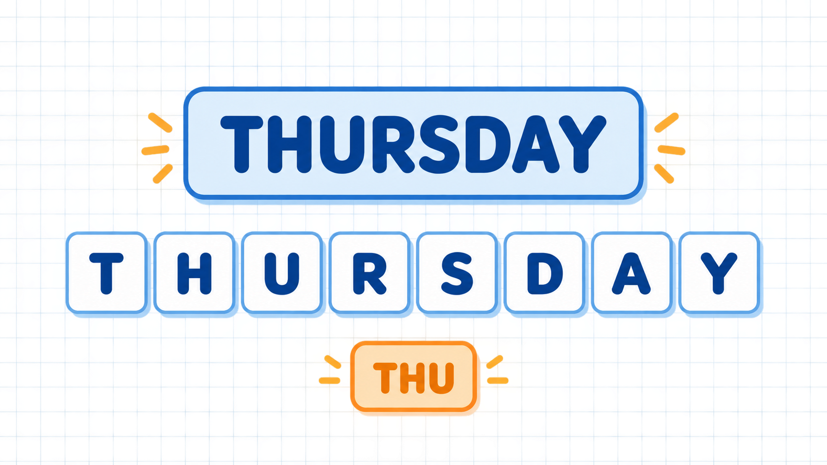 Thursday를 T H U R S D A Y 글자 타일로 나눈 정보카드