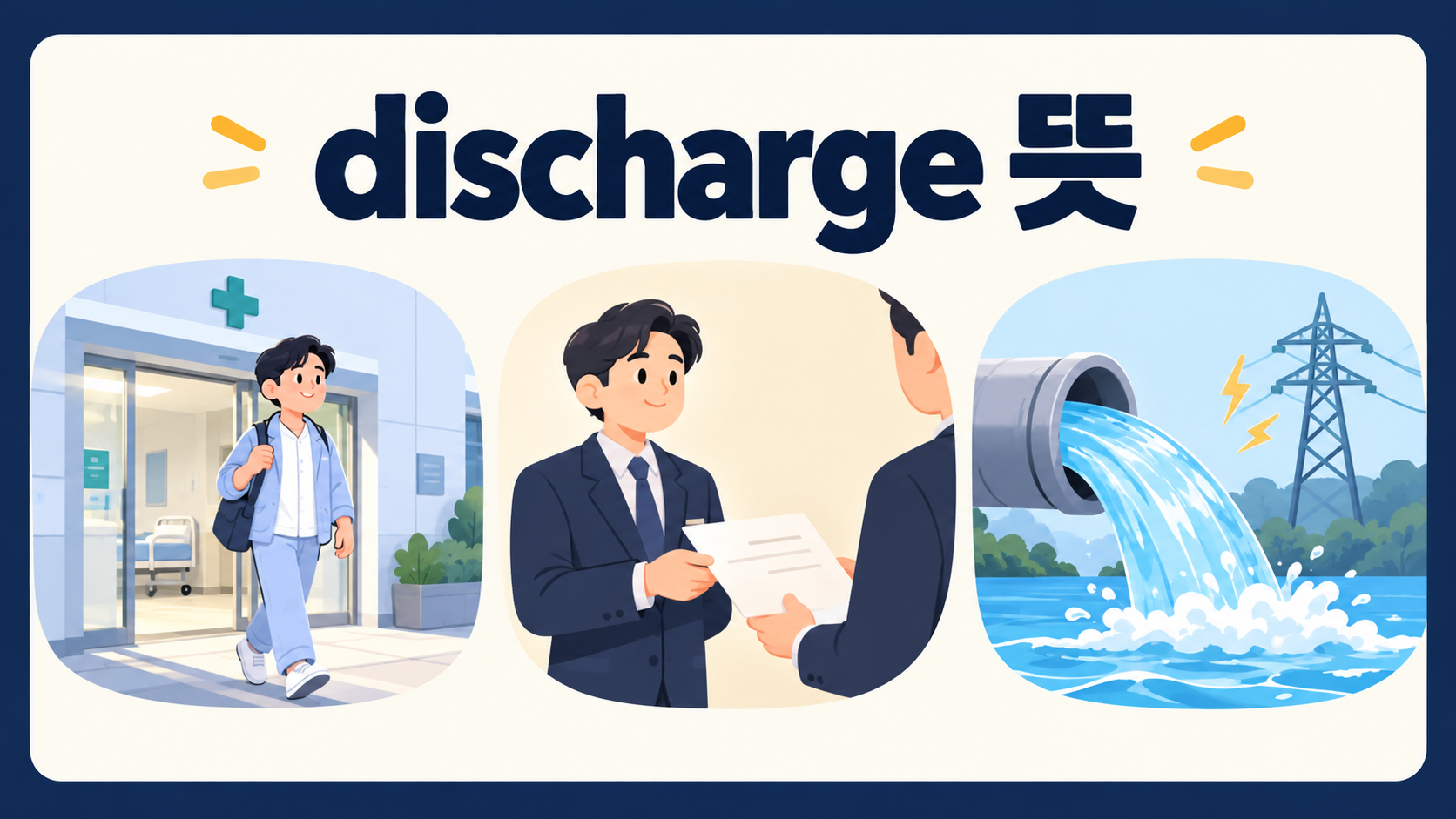 discharge의 병원 퇴원, 공식 해제, 물과 전기 방출 의미를 보여 주는 정보카드