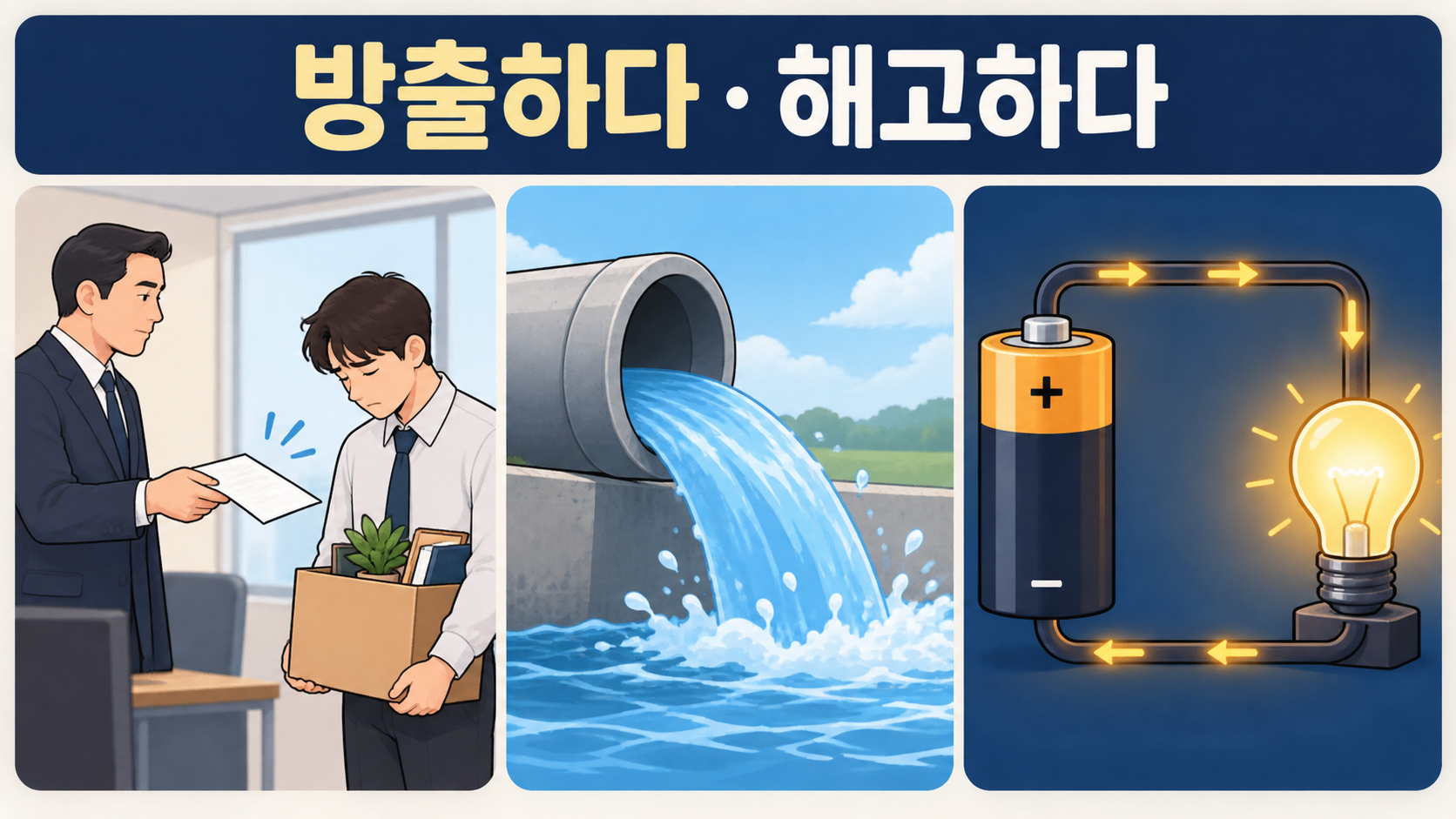 해고 통지, 배수관의 물, 배터리 회로의 전기 흐름을 나란히 보여 주는 정보카드
