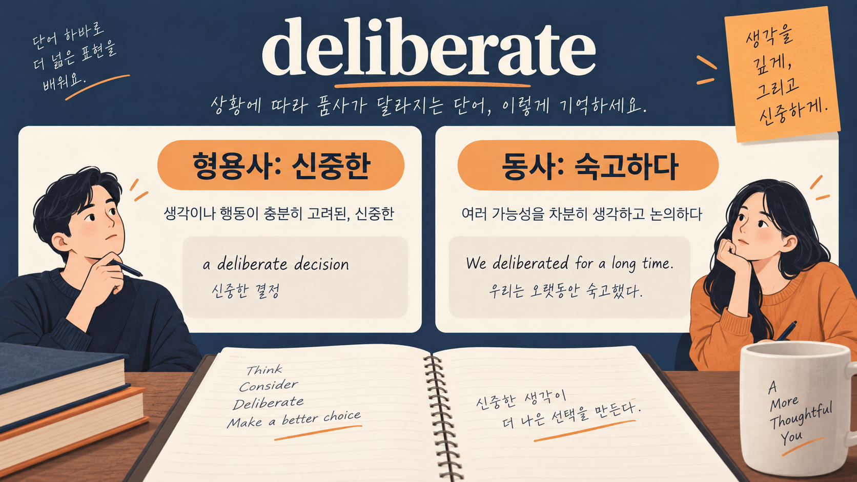 deliberate의 형용사와 동사 쓰임을 비교한 한국어 정보카드