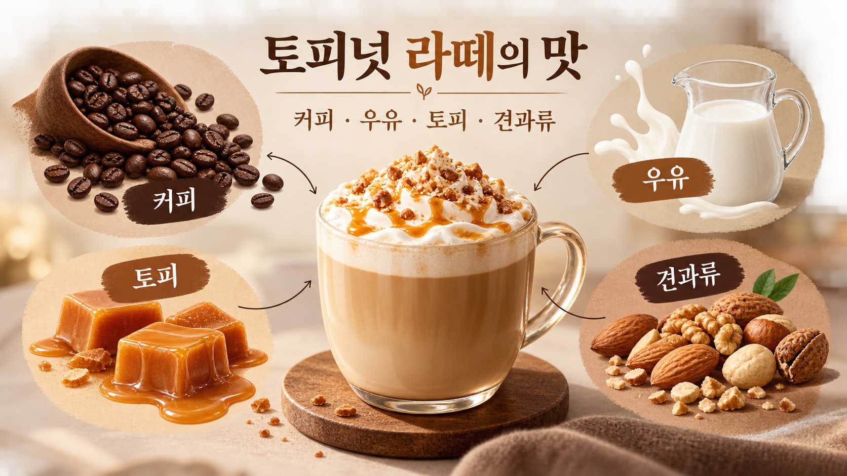 커피 우유 토피 견과류로 구성한 토피넛 라떼 맛 정보카드