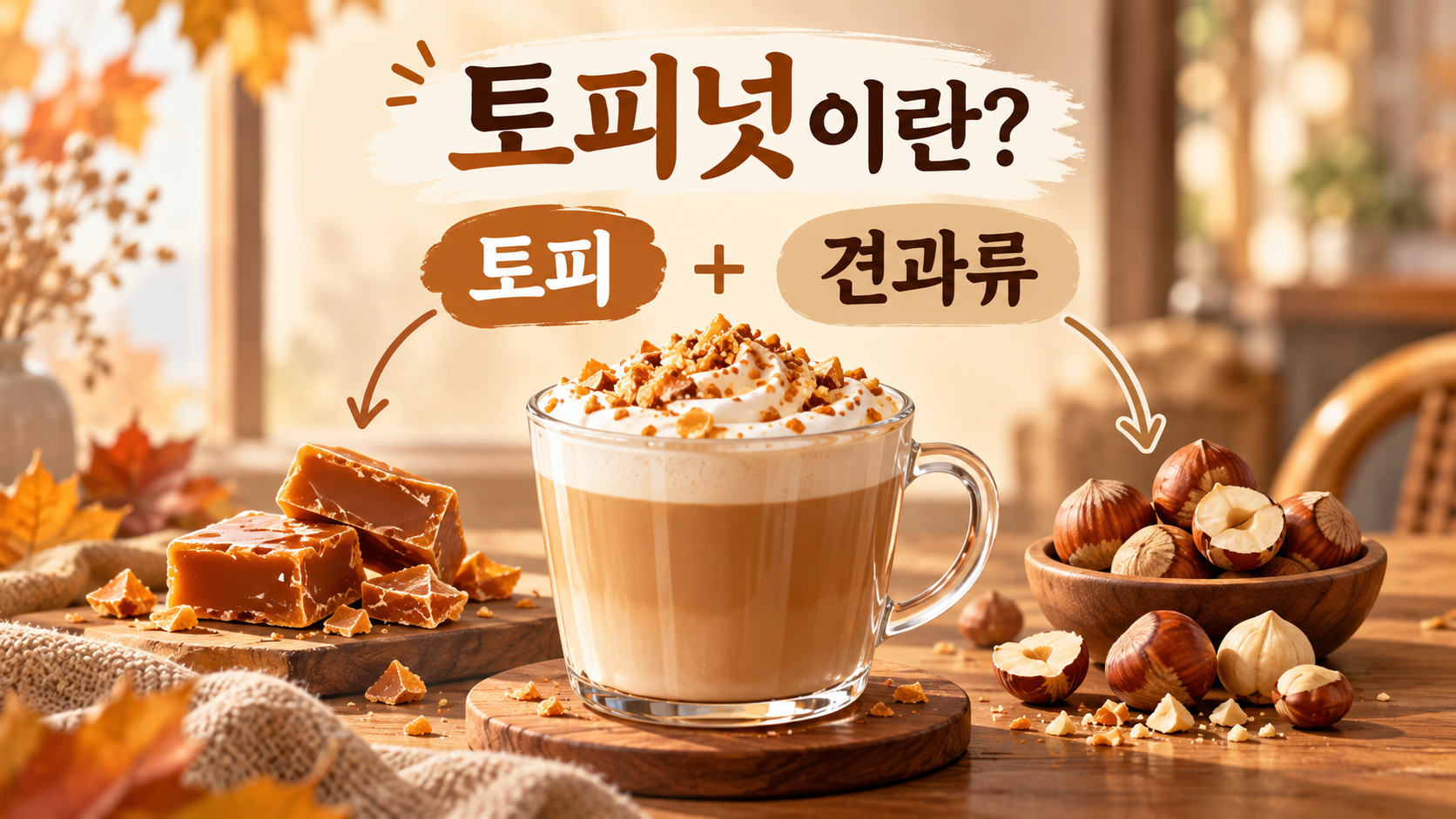 토피와 견과류로 토피넛의 뜻을 설명한 라떼 정보카드