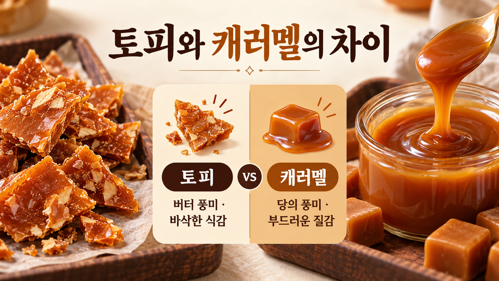 바삭한 토피와 부드러운 캐러멜을 비교한 정보카드