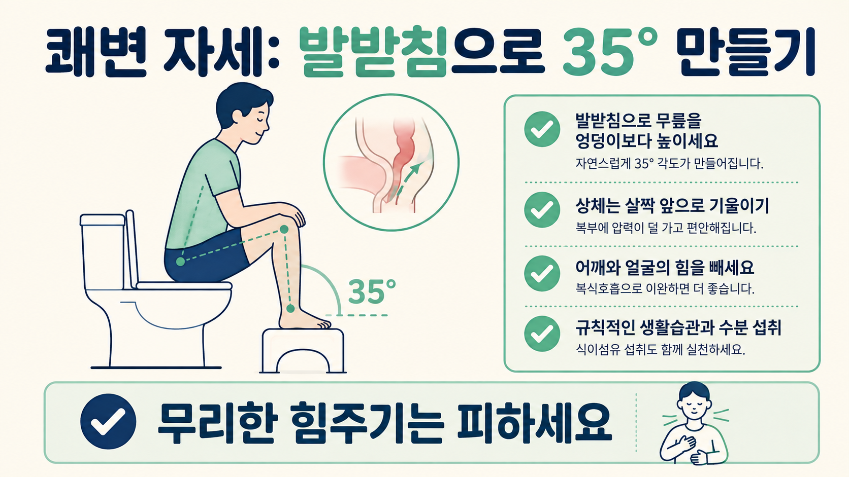 변기에 앉아 발받침에 발을 올리고 무릎을 높인 배변 자세