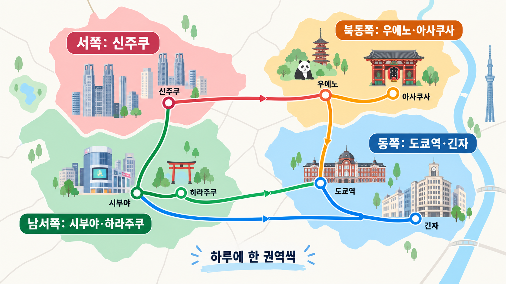 도쿄 여행 권역을 나눈 지도 안내
