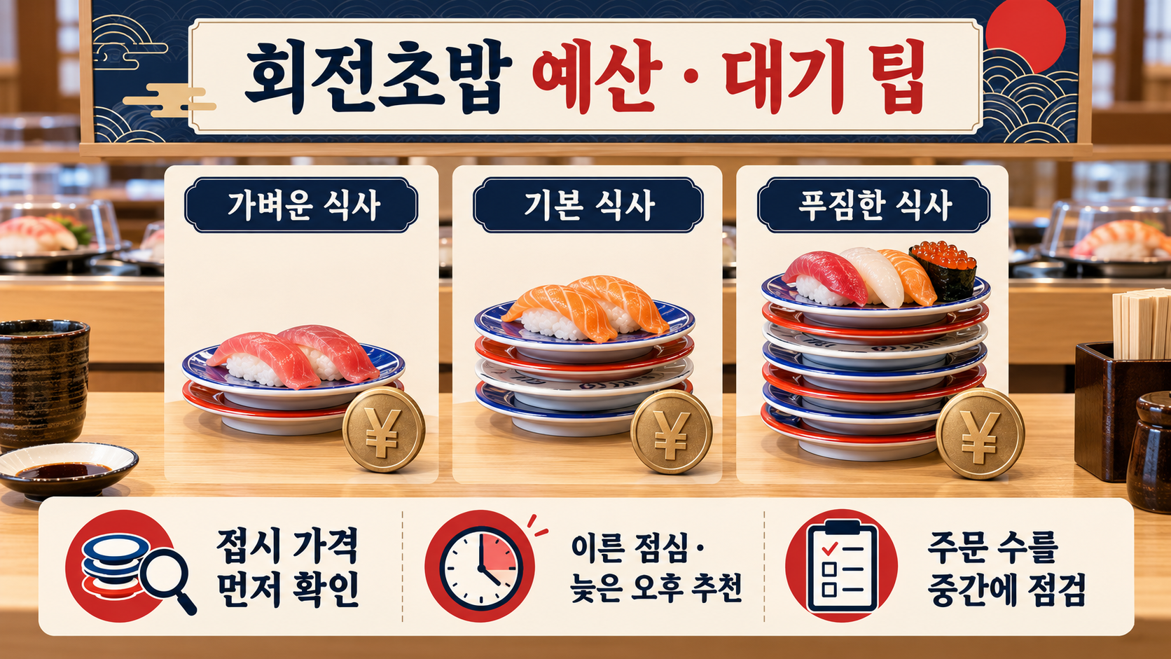 여러 색 접시의 초밥과 예산 계획을 보여 주는 정보카드