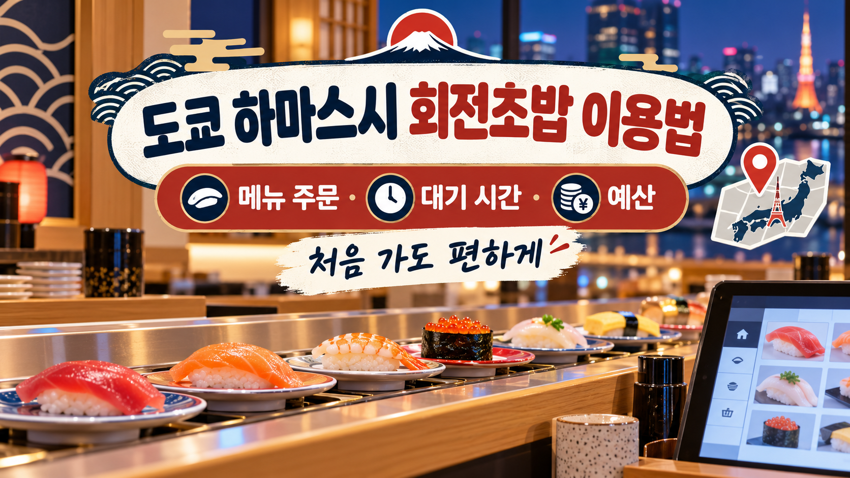 도쿄 회전초밥 하마스시의 초밥 레일과 주문 화면