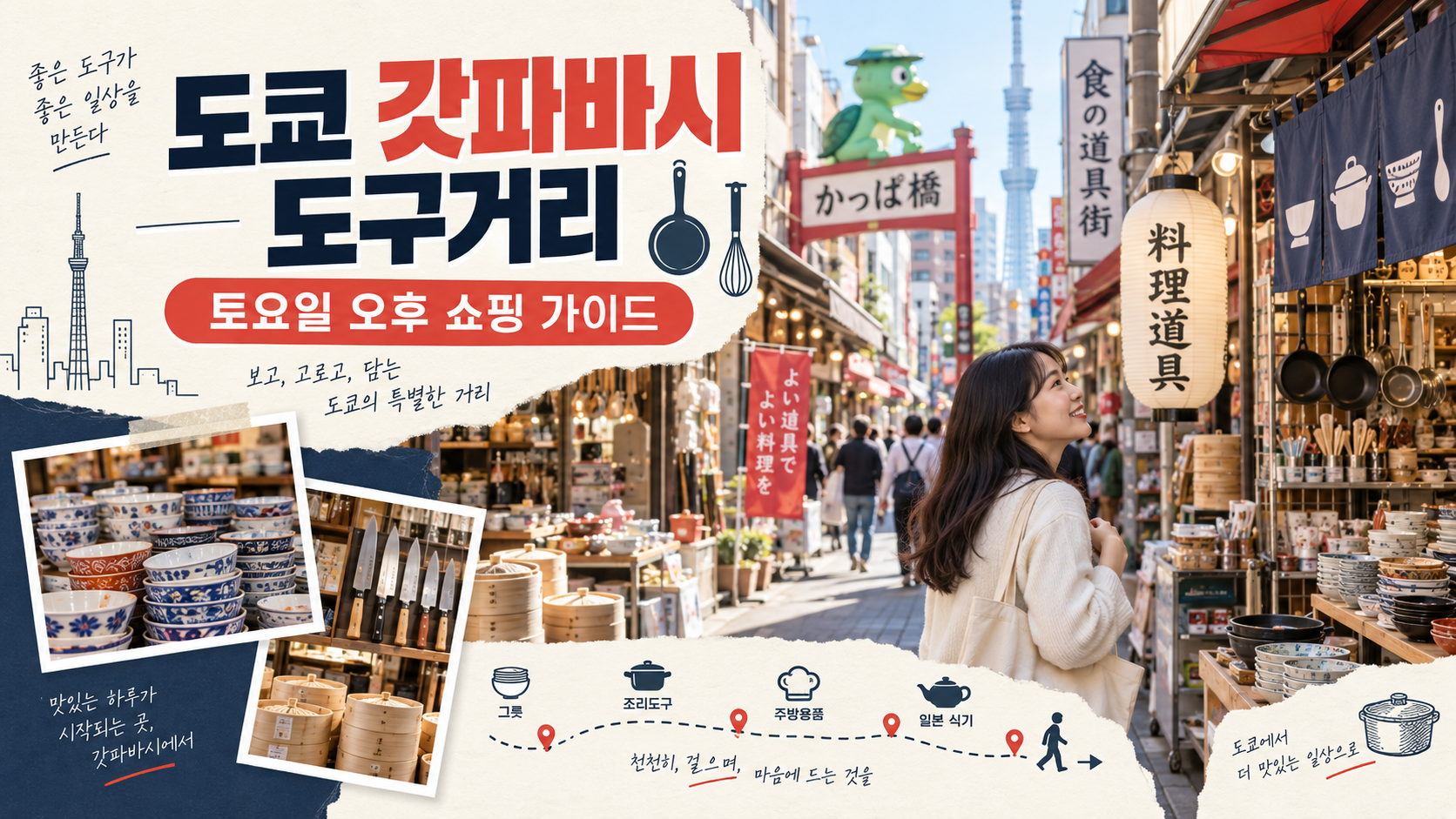 도쿄 갓파바시 도구거리 토요일 오후 쇼핑 가이드 정보카드