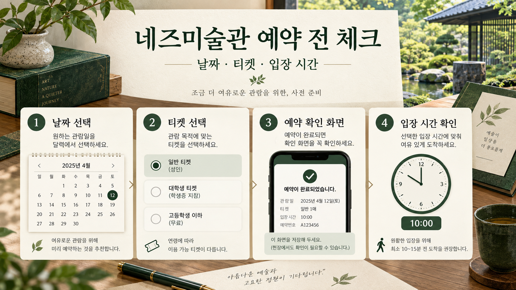 네즈미술관 예약 전 날짜와 티켓, 입장 시간을 확인하는 한국어 정보카드