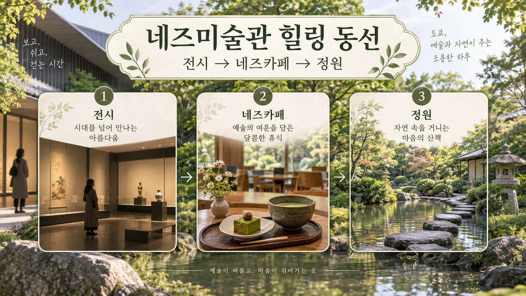 전시 관람 뒤 네즈카페와 정원을 즐기는 네즈미술관 동선 정보카드