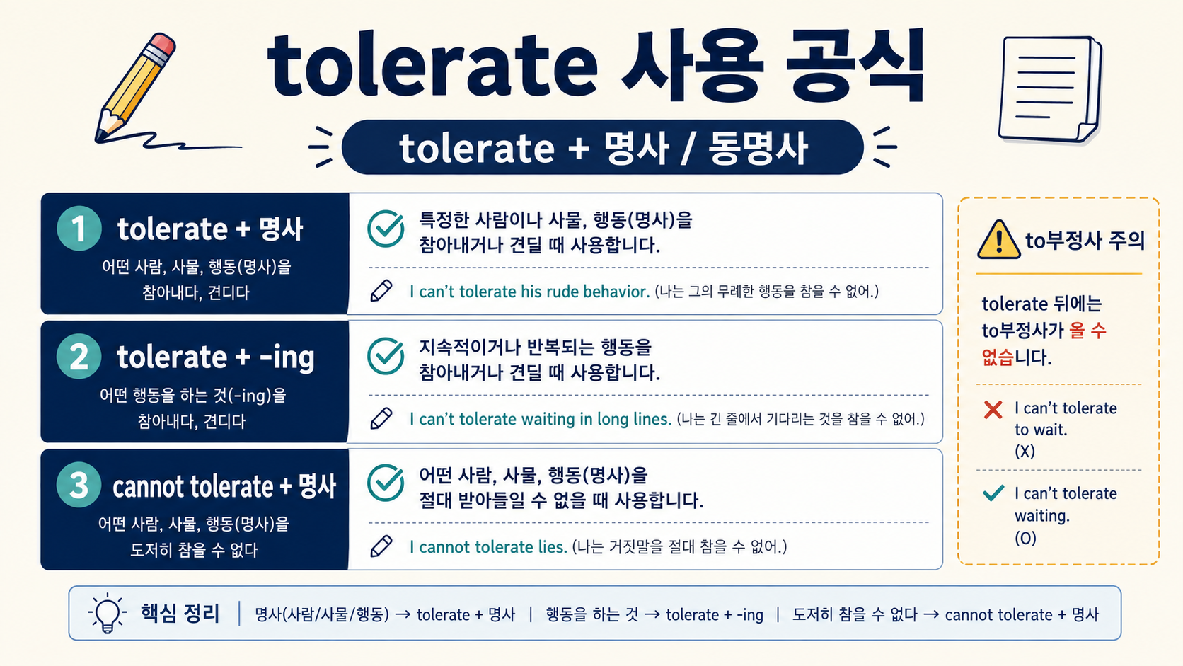 tolerate 뒤에 명사와 동명사를 쓰는 방법을 정리한 정보카드