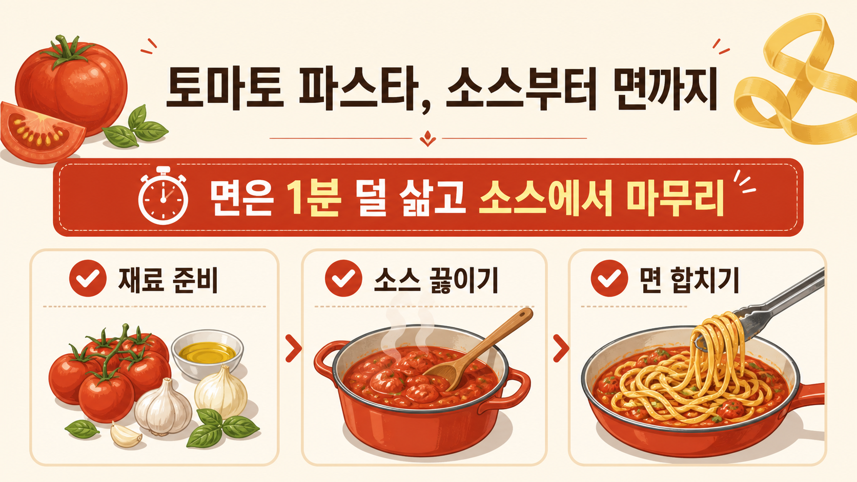 토마토 파스타의 재료 준비, 소스 끓이기, 면 합치기 순서를 담은 정보 카드