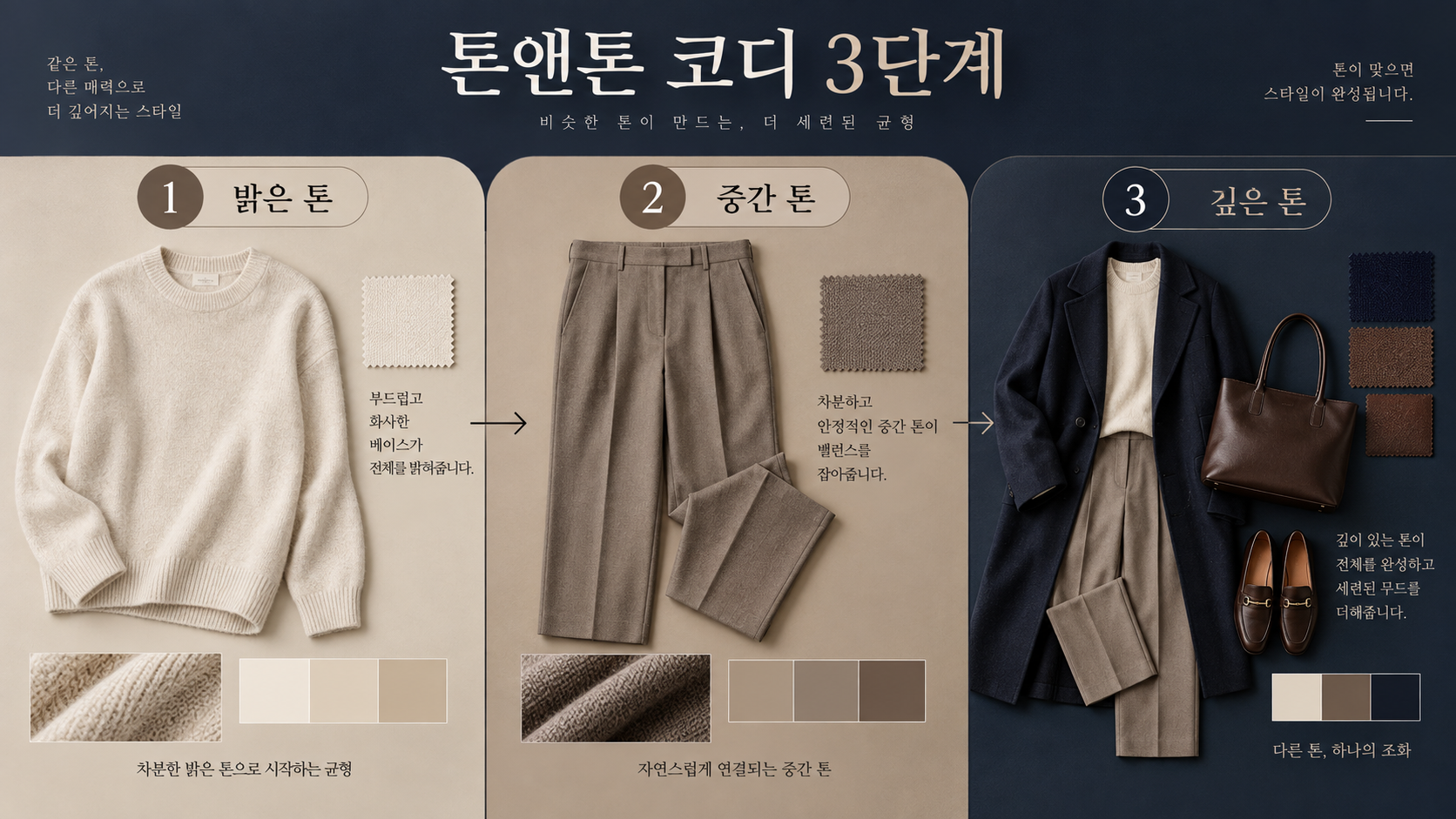 밝은 톤 중간 톤 깊은 톤으로 완성하는 톤앤톤 코디 3단계 정보카드