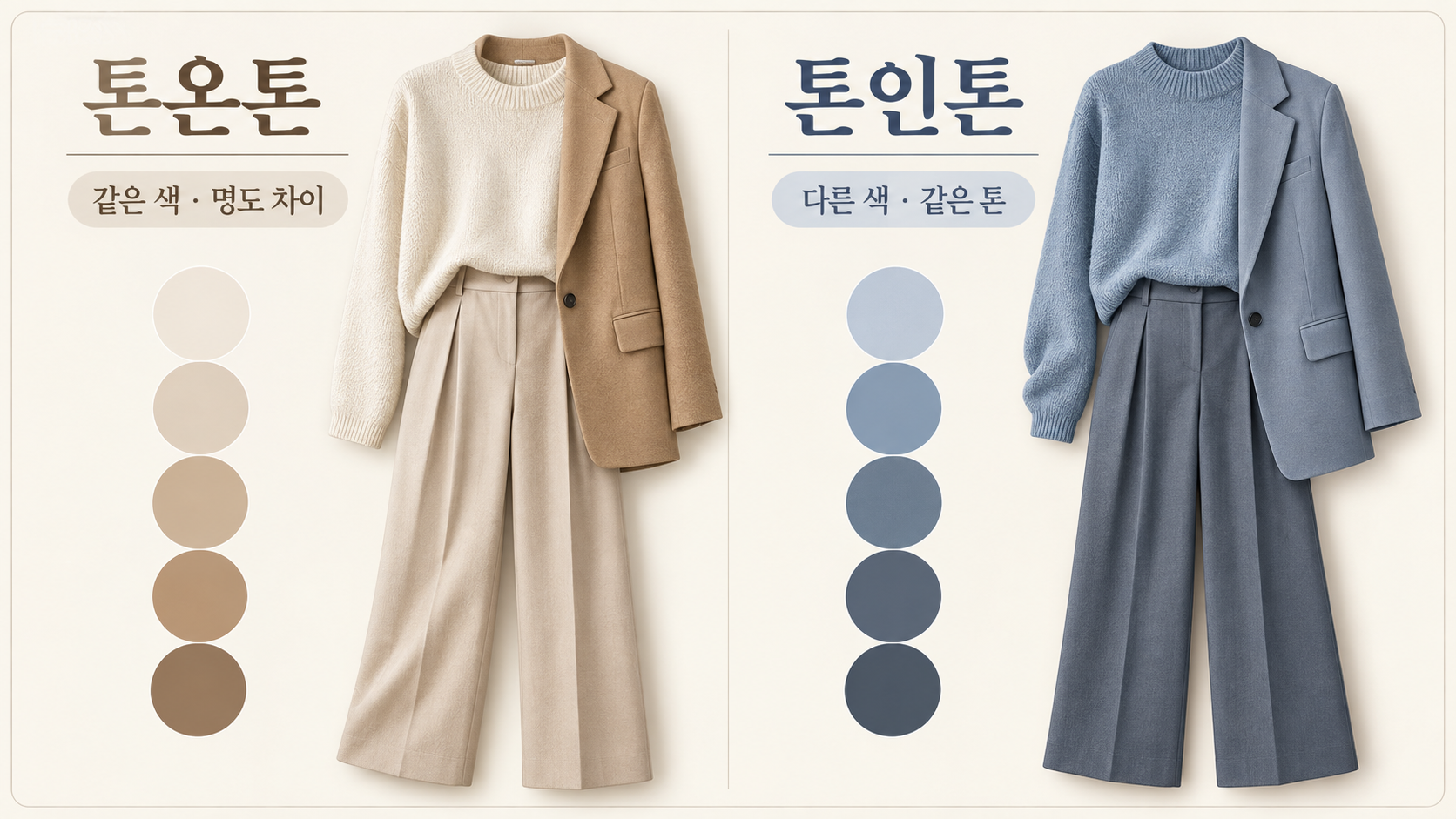 베이지 톤온톤과 블루 톤인톤 코디를 비교한 정보카드