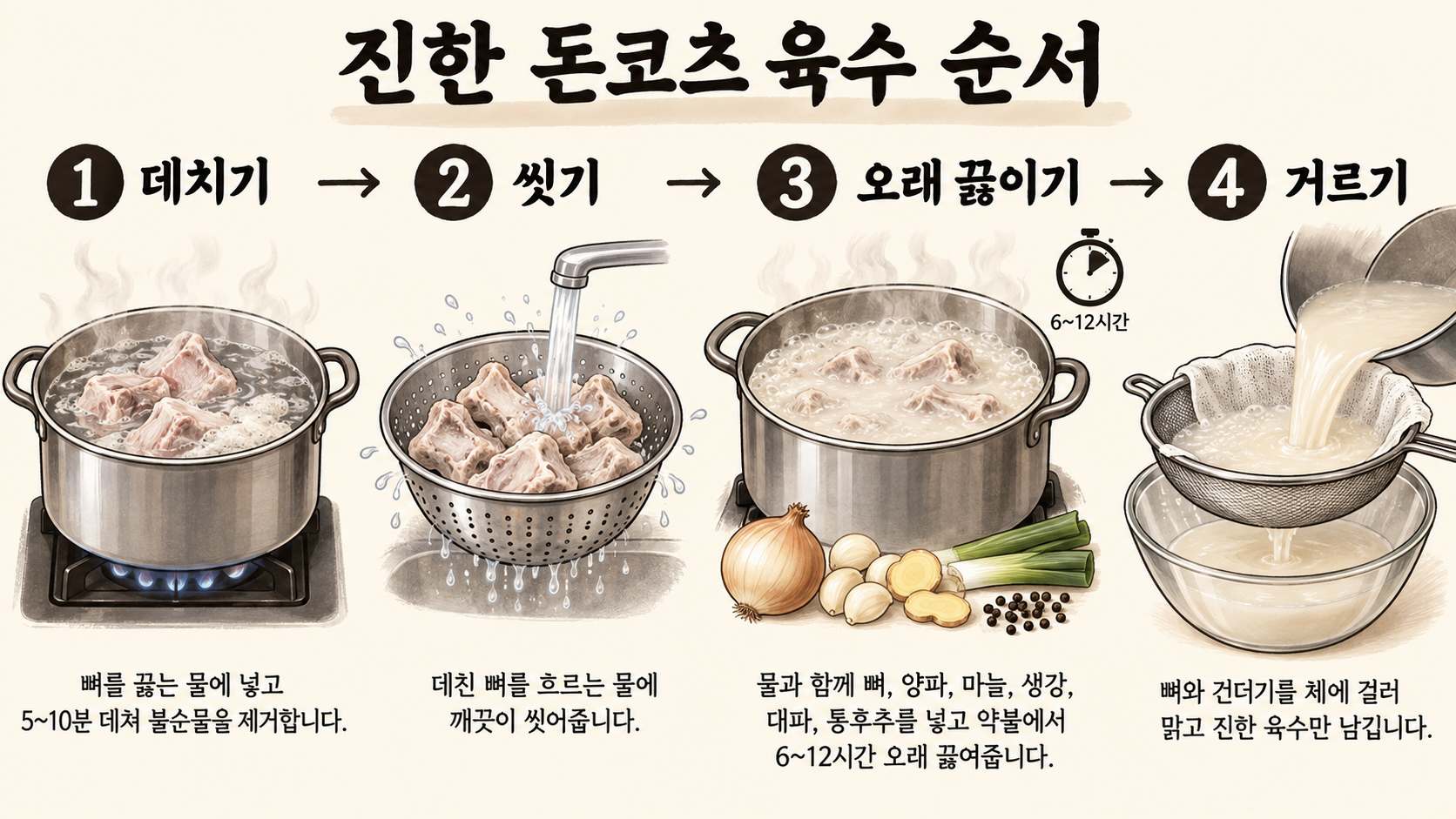 돈코츠 육수의 데치기, 씻기, 오래 끓이기, 거르기 순서를 보여 주는 정보카드