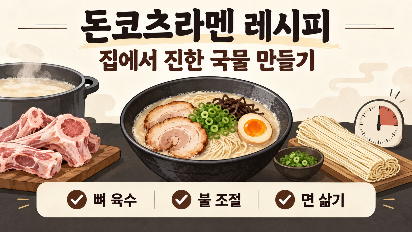 돈코츠라멘 레시피와 집에서 진한 국물을 만드는 핵심을 보여 주는 정보카드