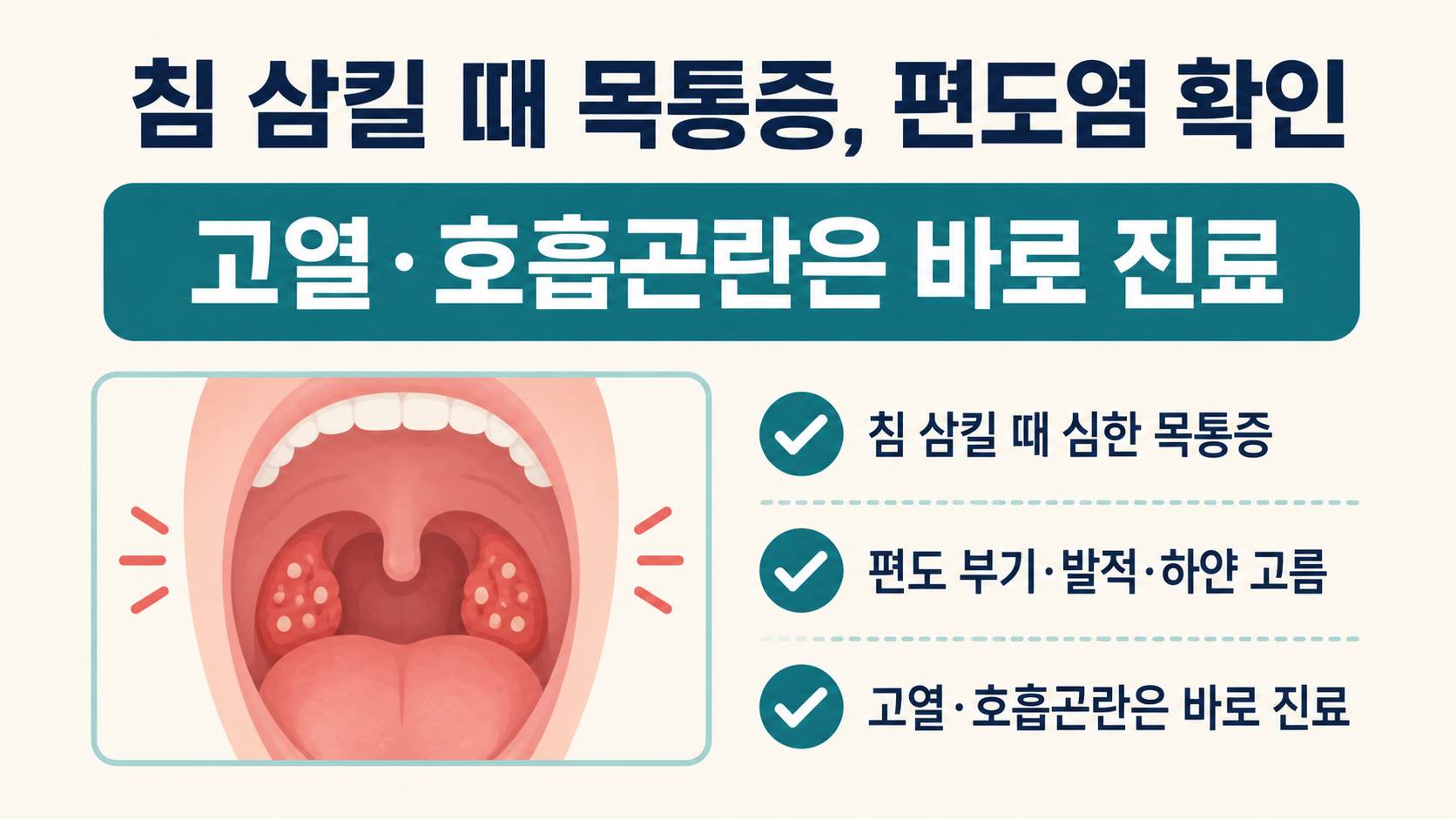 침 삼킬 때 목통증과 편도염 확인 사항을 보여주는 한국어 건강 정보카드