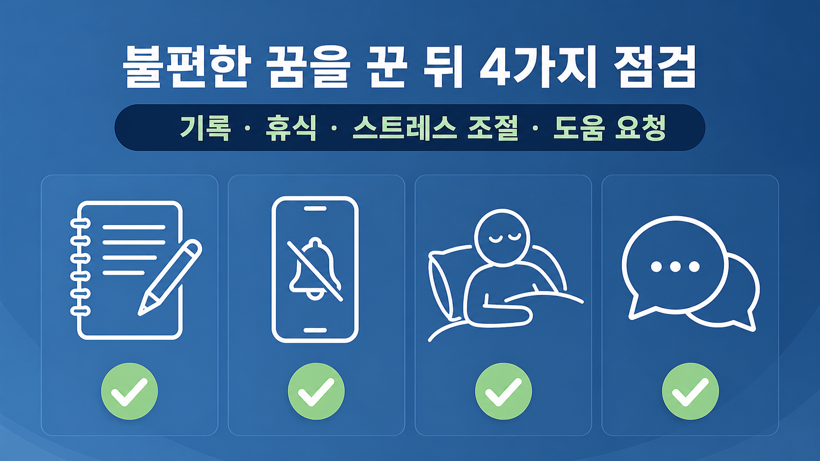 불편한 꿈을 꾼 뒤 기록과 휴식, 스트레스 조절, 도움 요청을 확인하는 카드