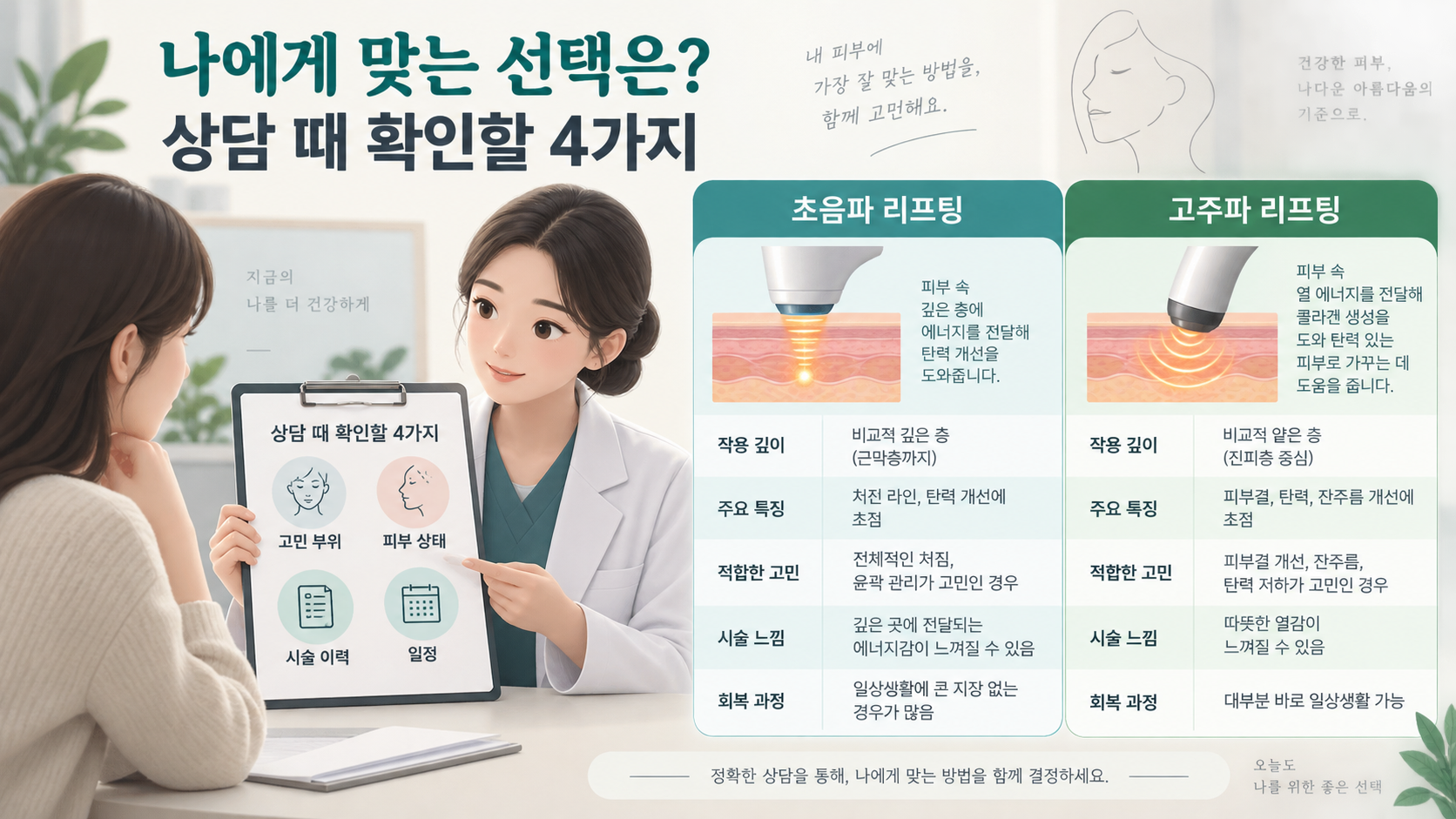 리프팅 상담에서 확인할 네 가지 항목을 보여 주는 한국어 정보카드