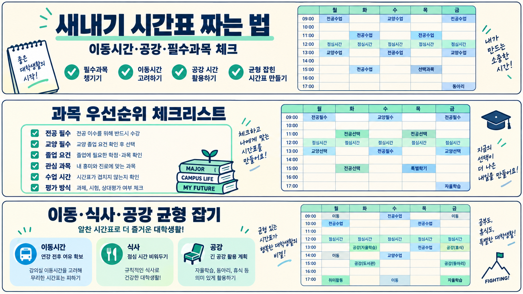 새내기 대학교 시간표 작성법과 이동 시간·공강·필수과목 체크를 담은 정보카드