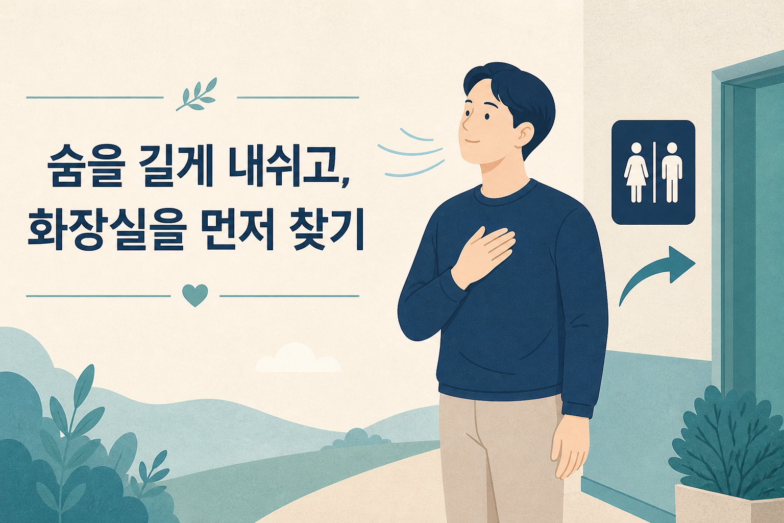 급한 변의 상황에서 천천히 호흡하고 이동 경로를 확인하는 생활 안전 안내 일러스트