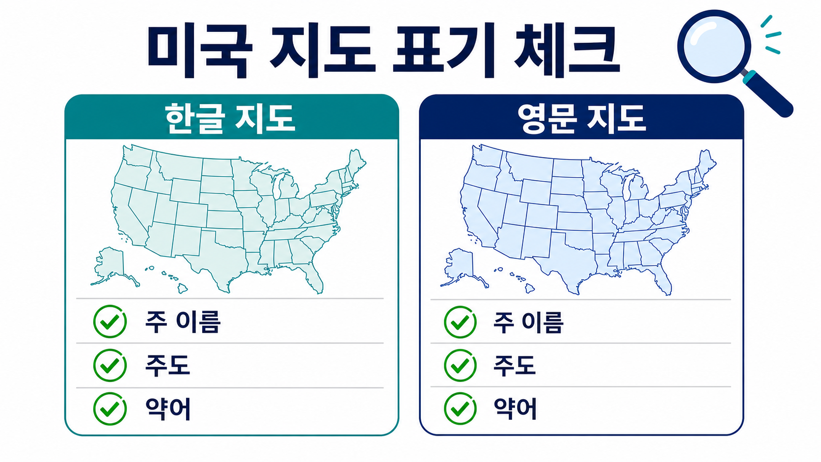 한글 지도와 영문 지도에서 주 이름·주도·약어를 확인하는 정보 카드