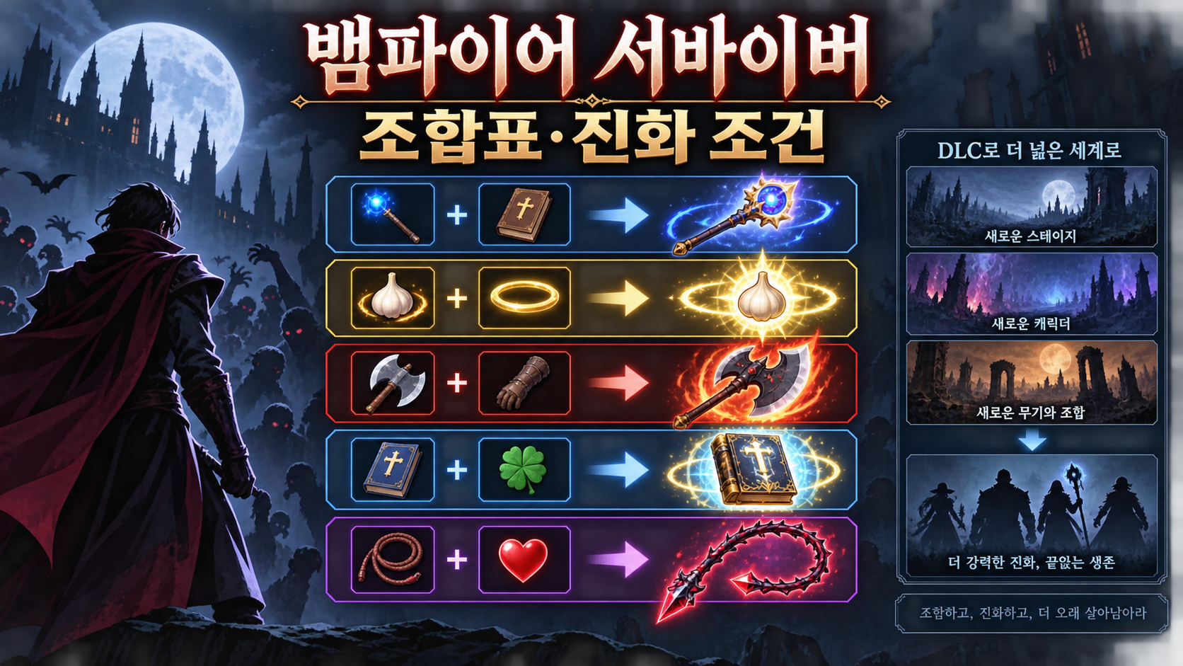 뱀파이어 서바이버 무기 조합과 진화 조건 정보카드