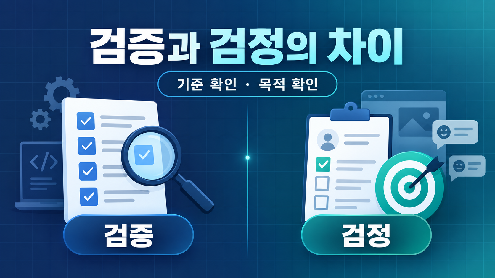 검증과 검정의 차이를 기준 확인과 목적 확인으로 비교한 한글 정보카드
