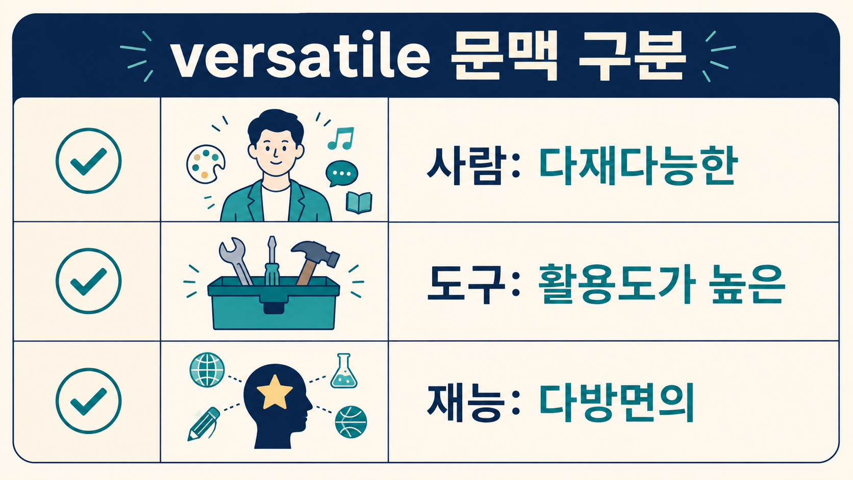 versatile이 사람, 도구, 재능에 따라 달라지는 뜻을 보여 주는 정보카드