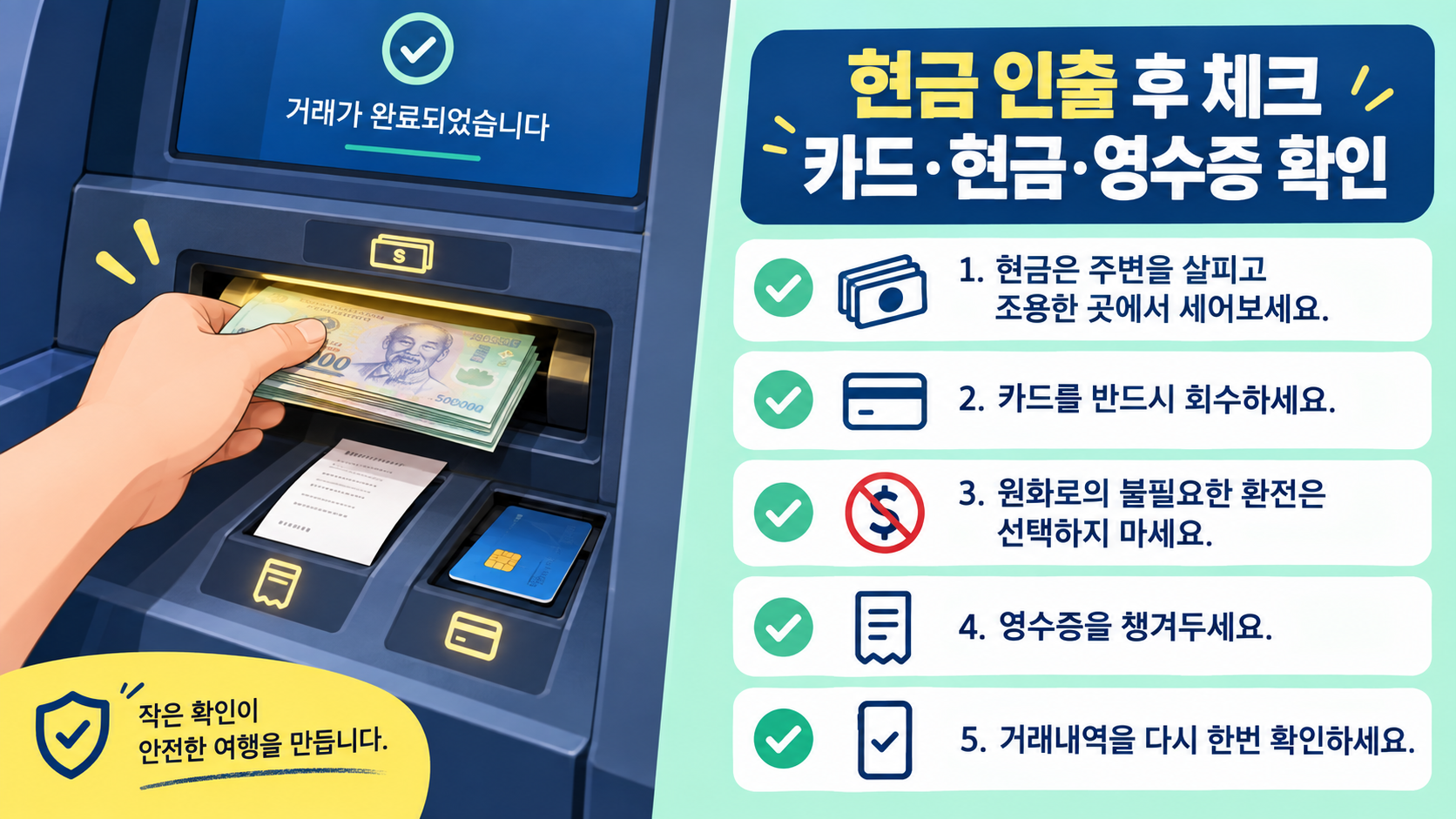 ATM 현금 인출 후 카드와 현금, 영수증을 확인하는 안전 체크 정보카드