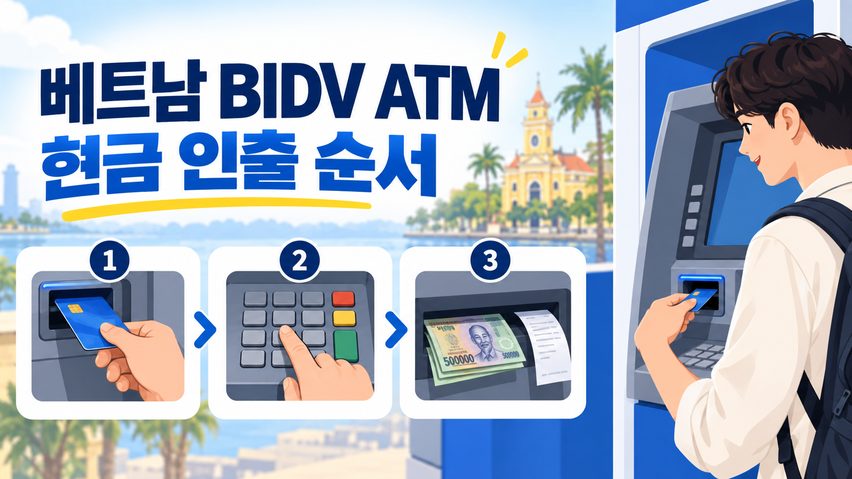 베트남 BIDV ATM 현금 인출 순서를 설명하는 한국어 정보카드
