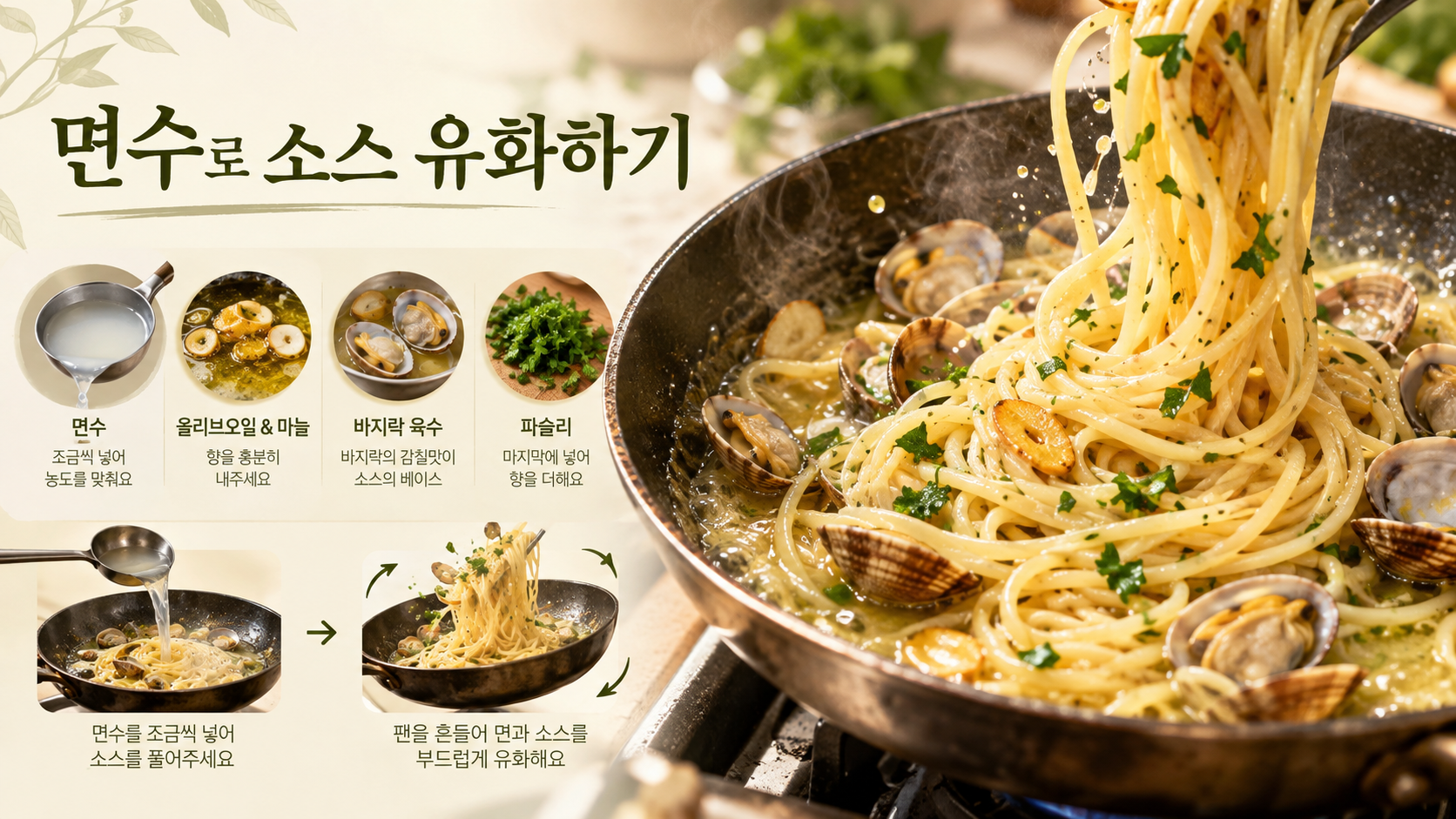 면수로 봉골레 파스타 소스를 유화하는 정보 카드