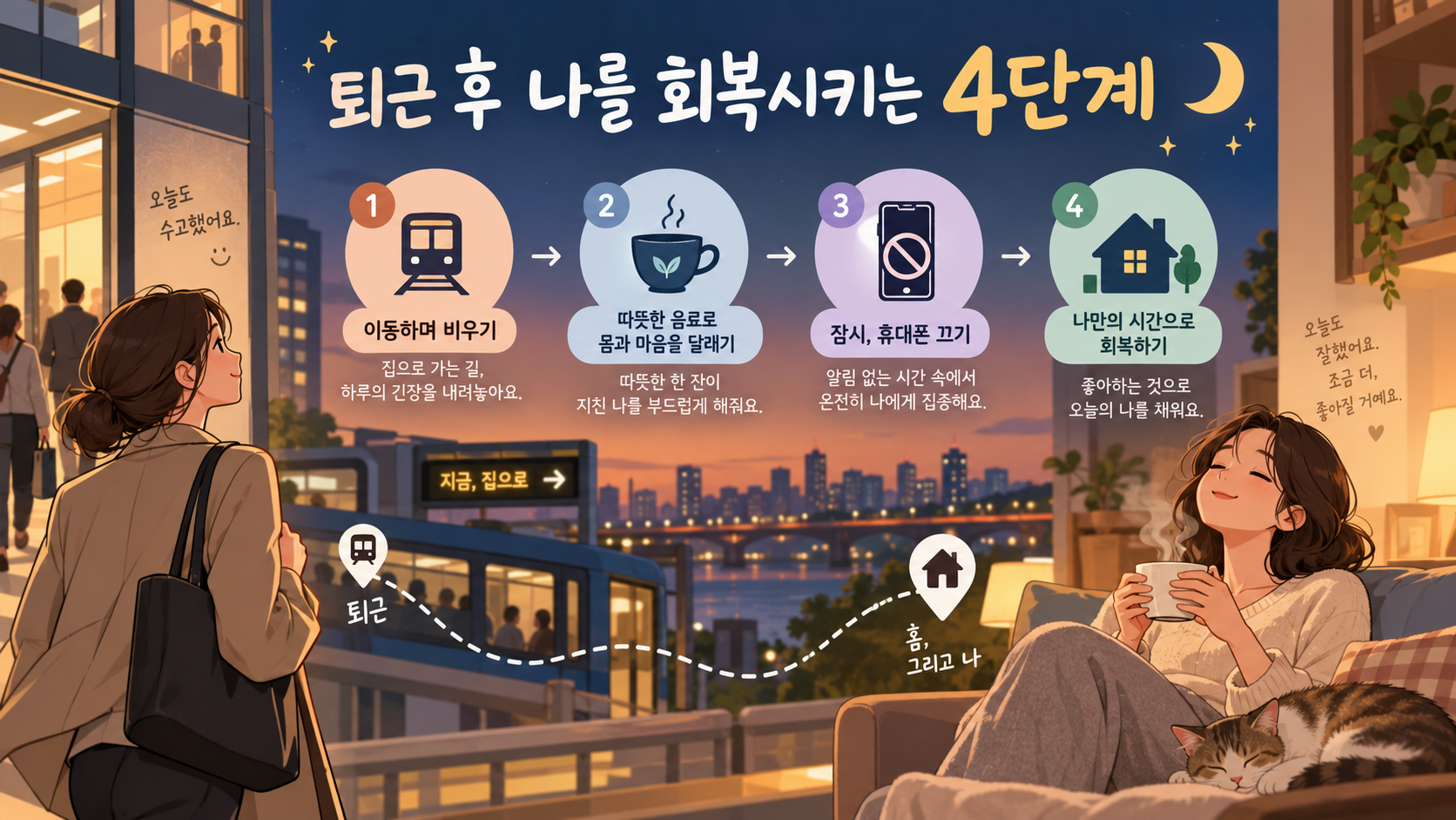 퇴근 후 회복 단계를 안내하는 한국형 정보카드