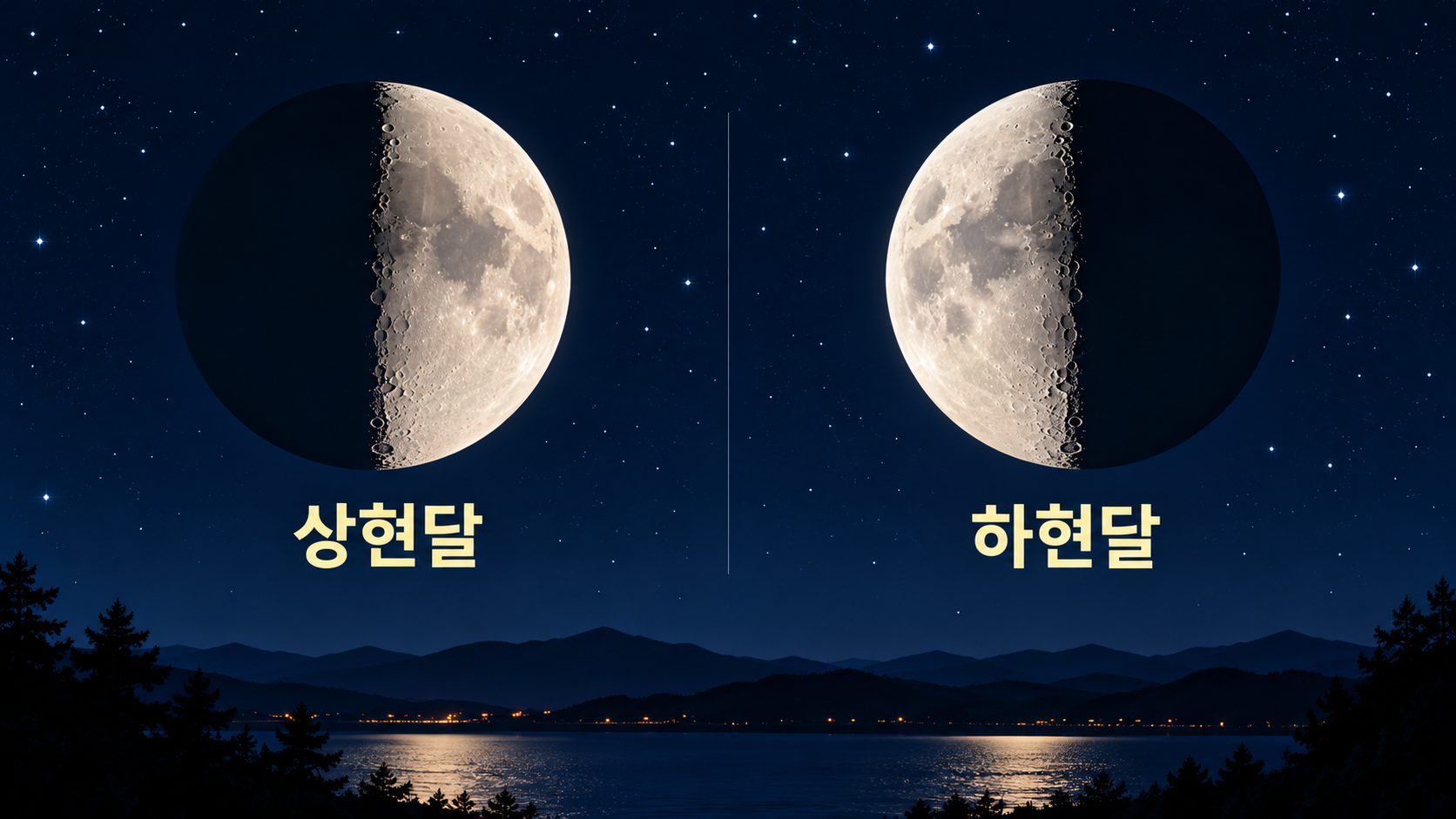 상현달과 하현달의 밝은 면을 비교한 정보카드