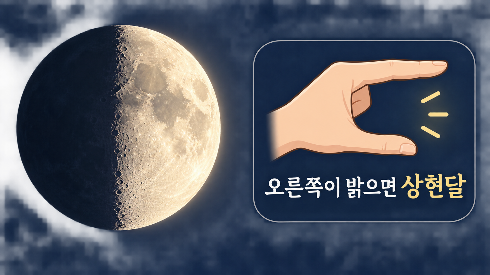 오른쪽이 밝은 상현달을 손 모양으로 기억하는 정보카드