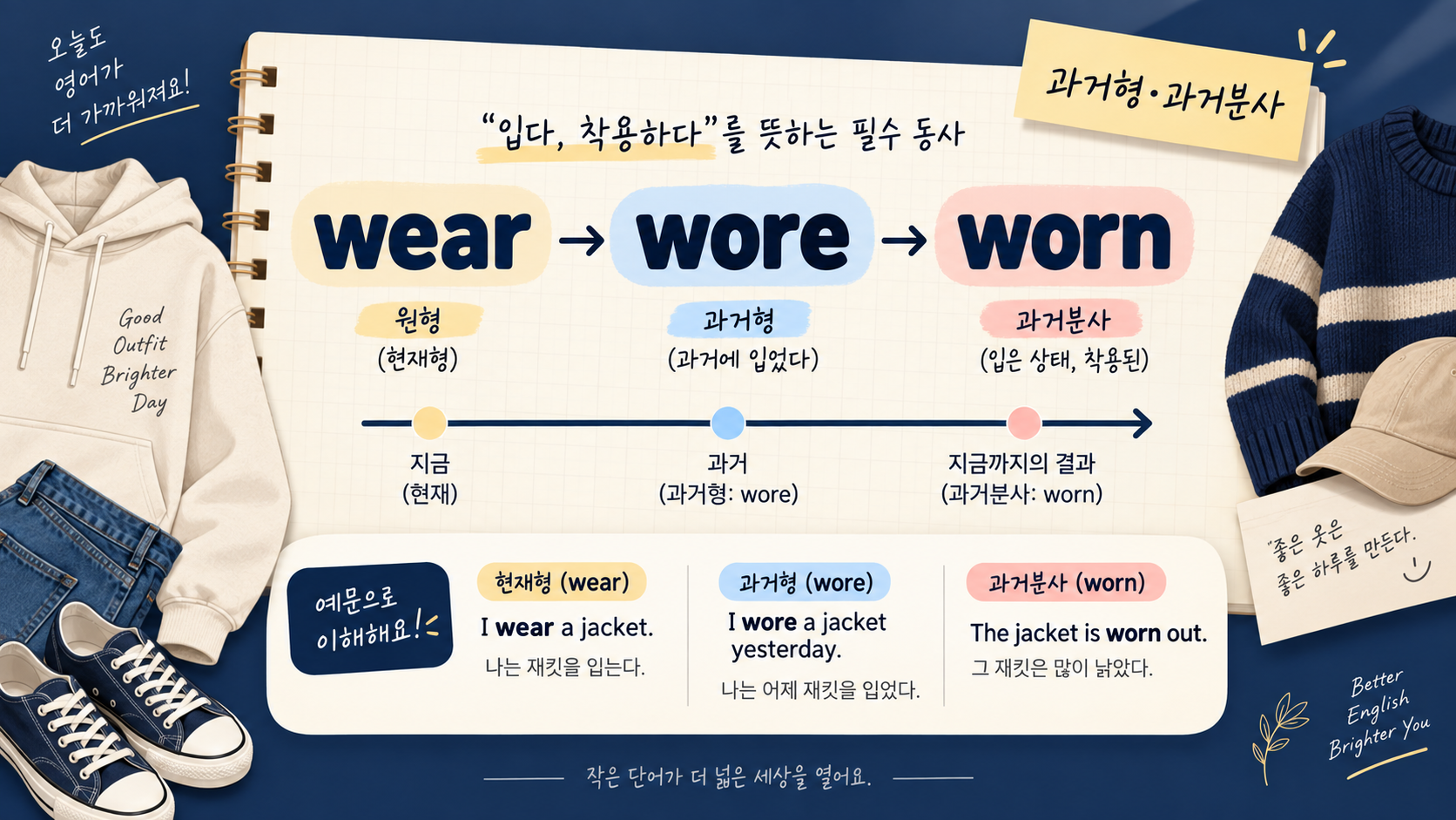wear wore worn 변화와 뜻을 정리한 영어 학습 정보카드