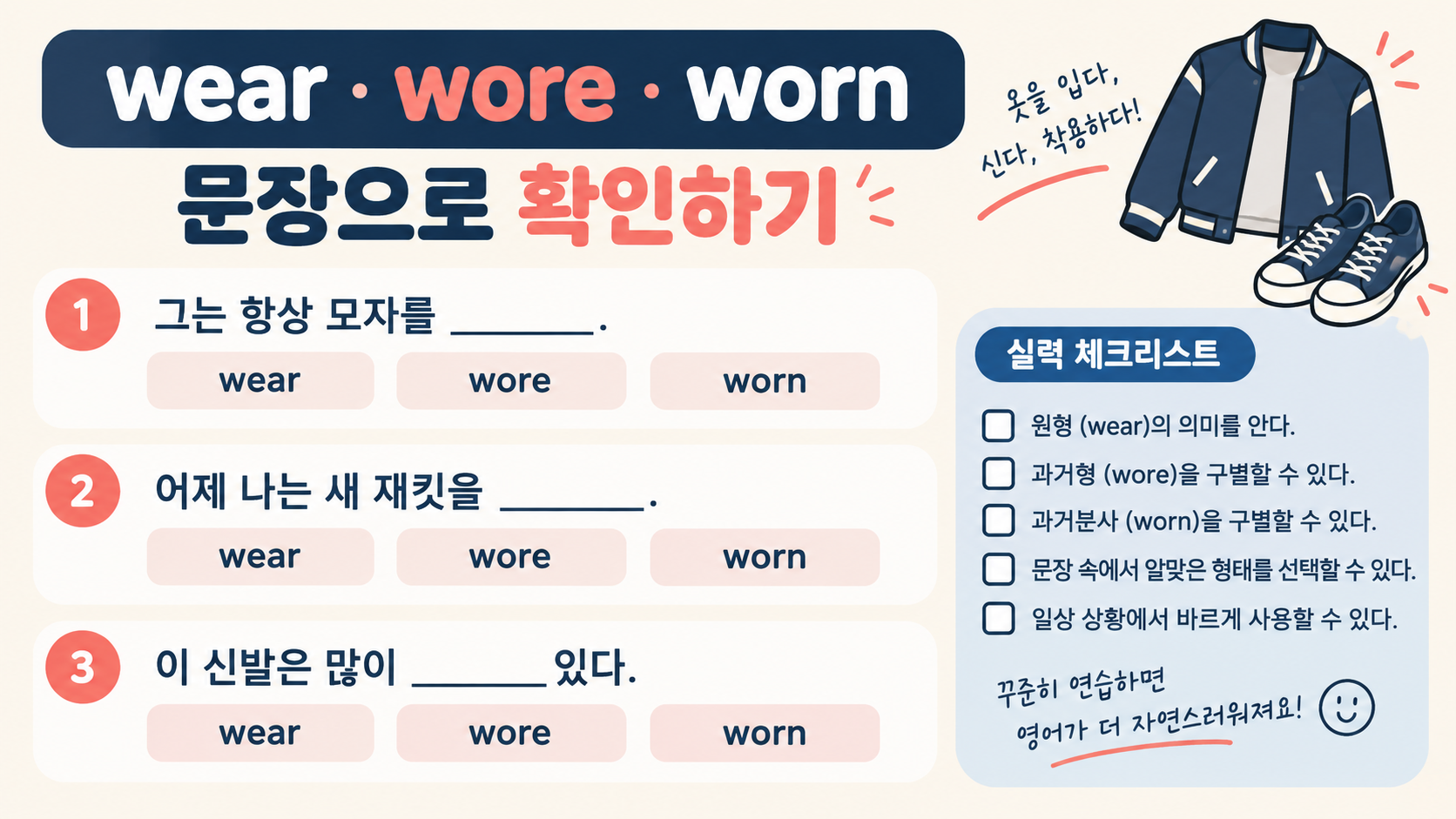 wear wore worn 선택 연습을 담은 영어 복습 정보카드