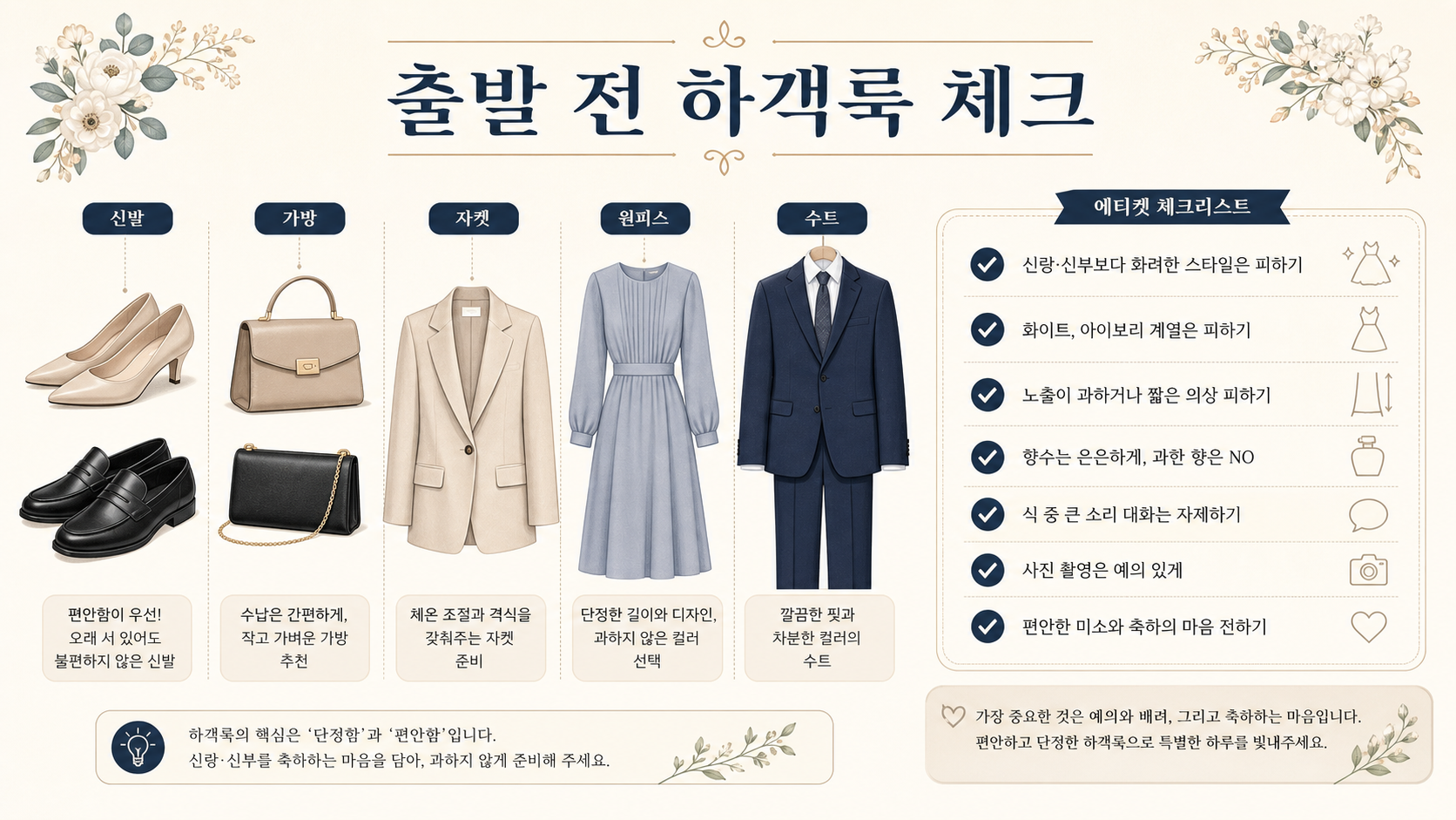 결혼식 출발 전 신발 가방 재킷과 예절을 확인하는 하객룩 체크리스트 정보카드