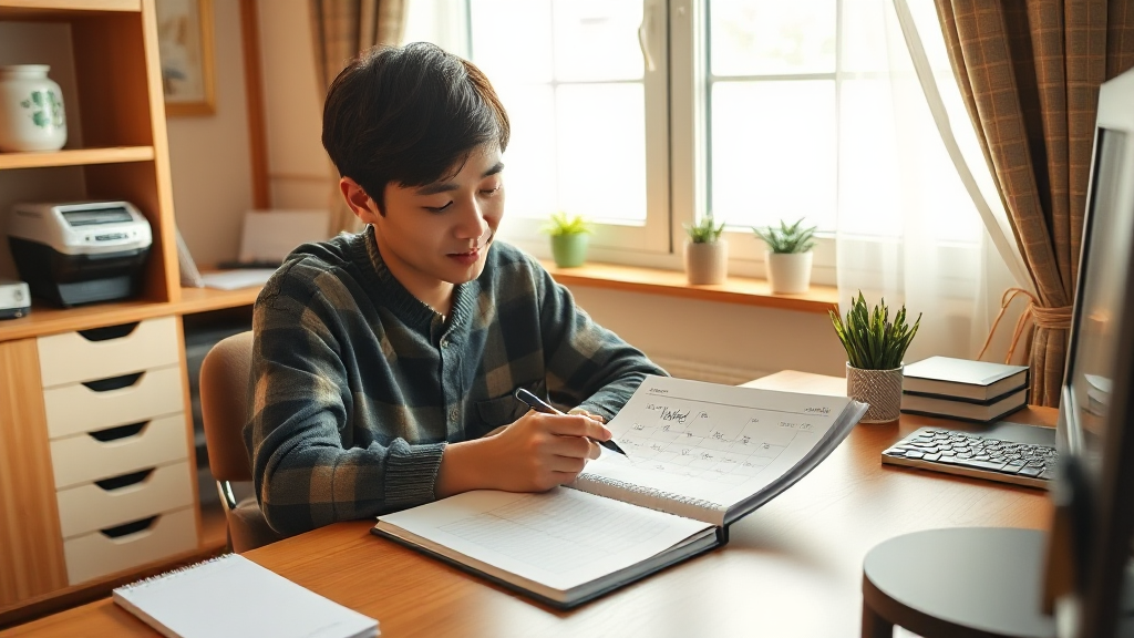 책상 위 영어 달력과 일정 노트를 확인하는 한국인 성인