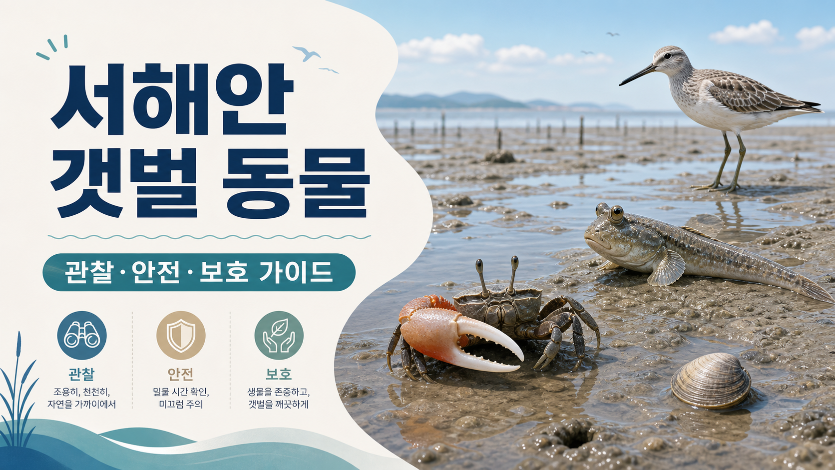 서해안 갯벌 동물 관찰과 안전 보호 정보카드
