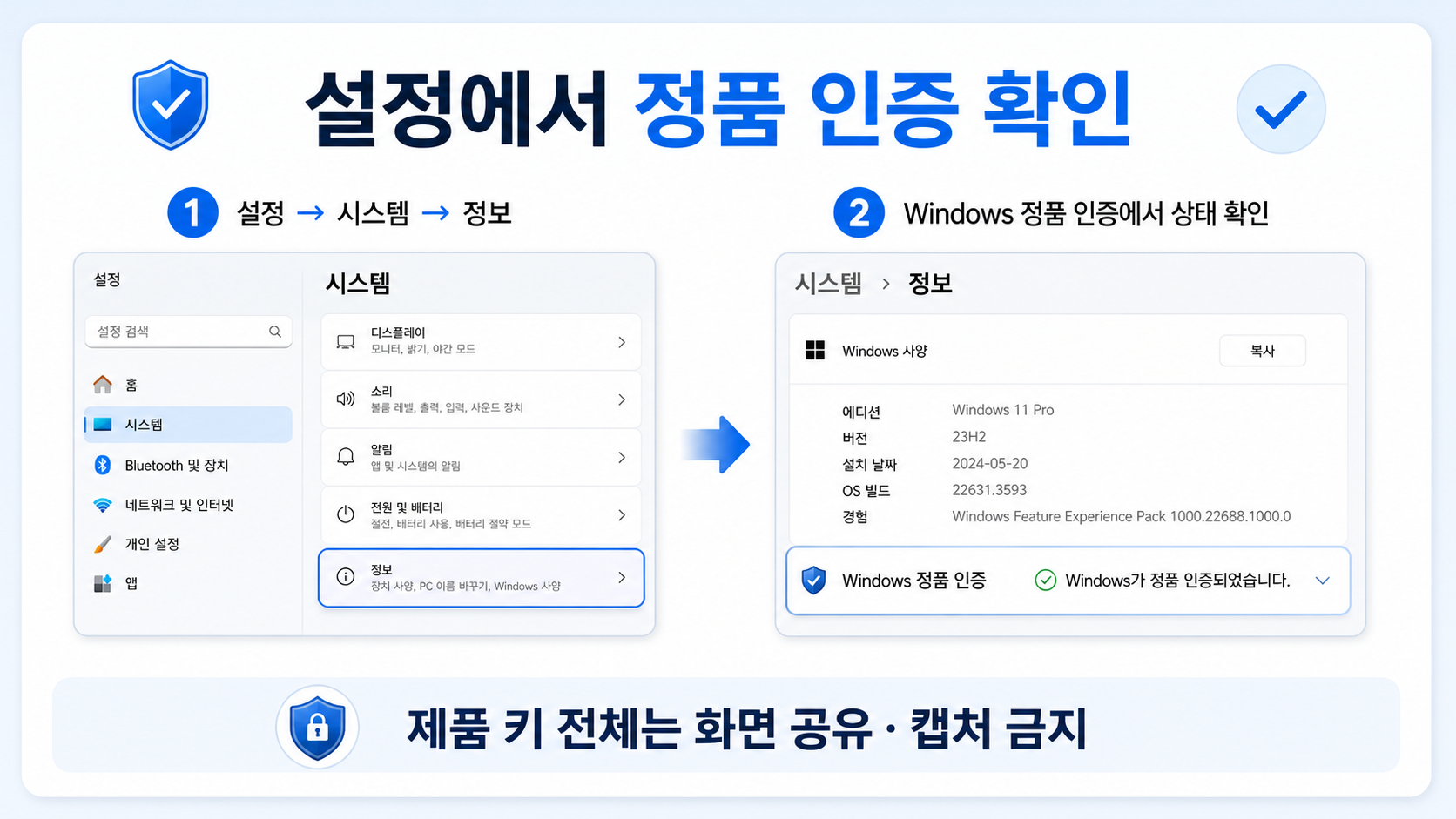 설정에서 윈도우 정품 인증 상태를 확인하고 제품 키 전체를 공유하지 않도록 안내하는 정보카드